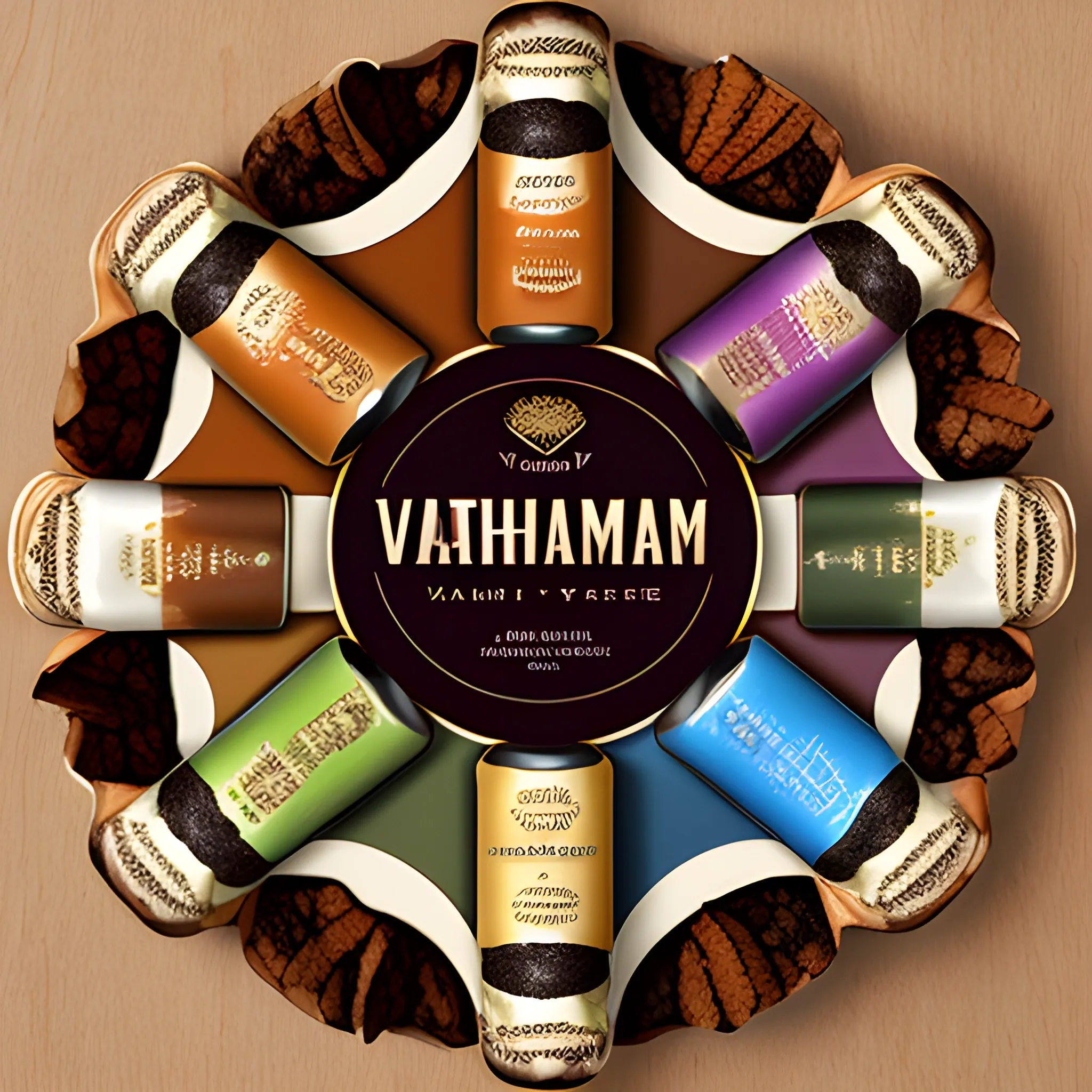 Various flavorful Vahdam tobaccos, caffeine-free, featuring rich aromas, vibrant colors, and premium quality, inspired by Indian tobacco culture, resembling artistic illustrations, fit for a visual aesthetic reference.