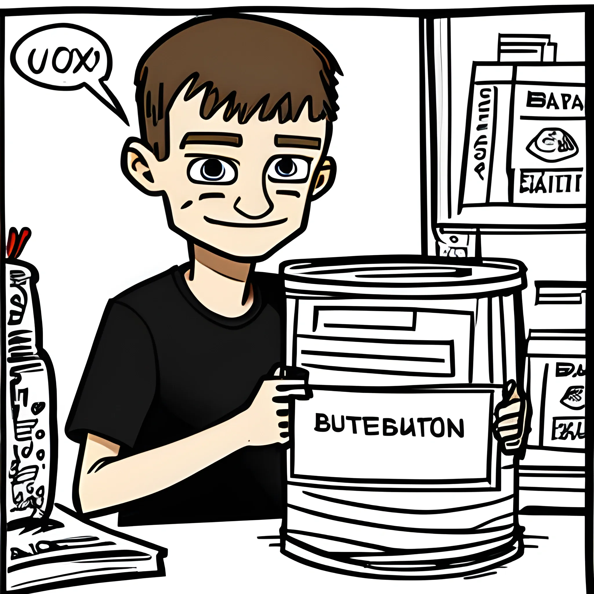 Vitalik Buterin holds a donation box, cartoon