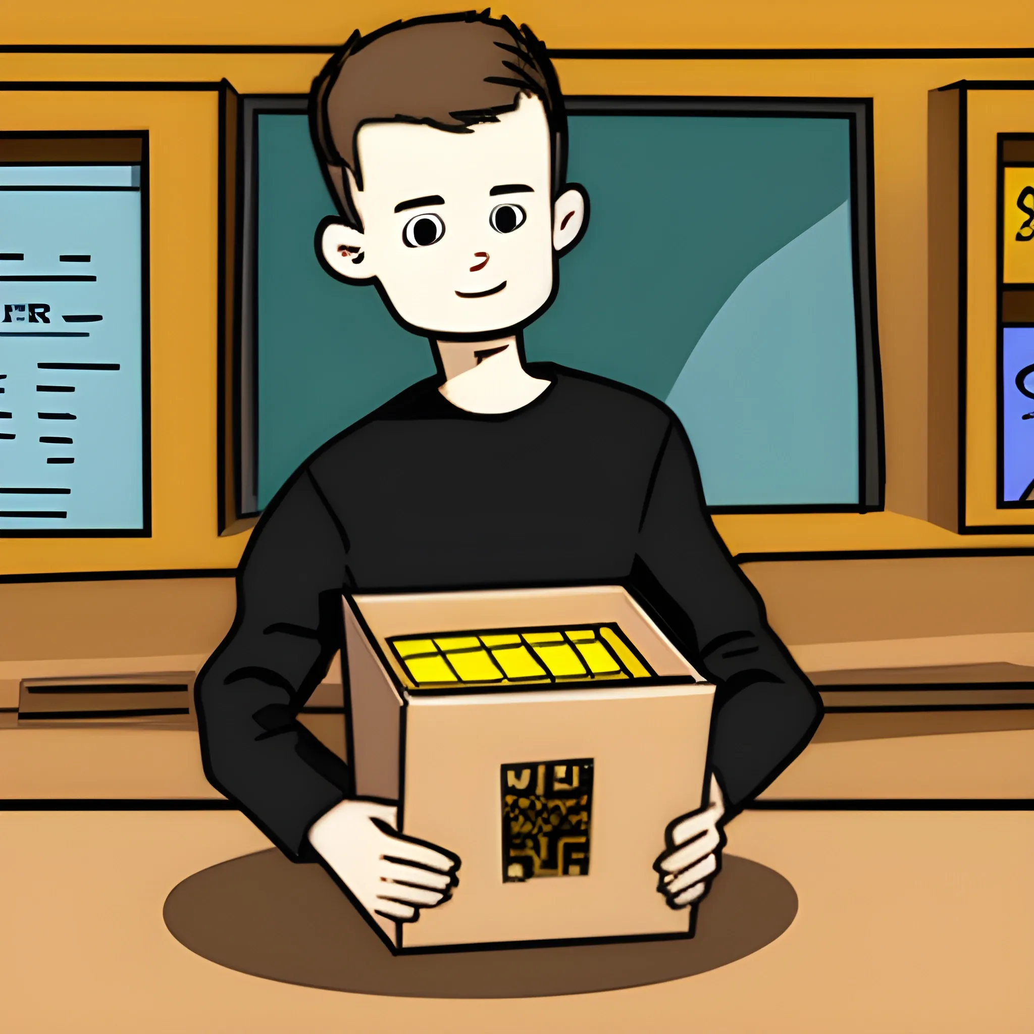 Vitalik Buterin holds a donation box, cartoon

