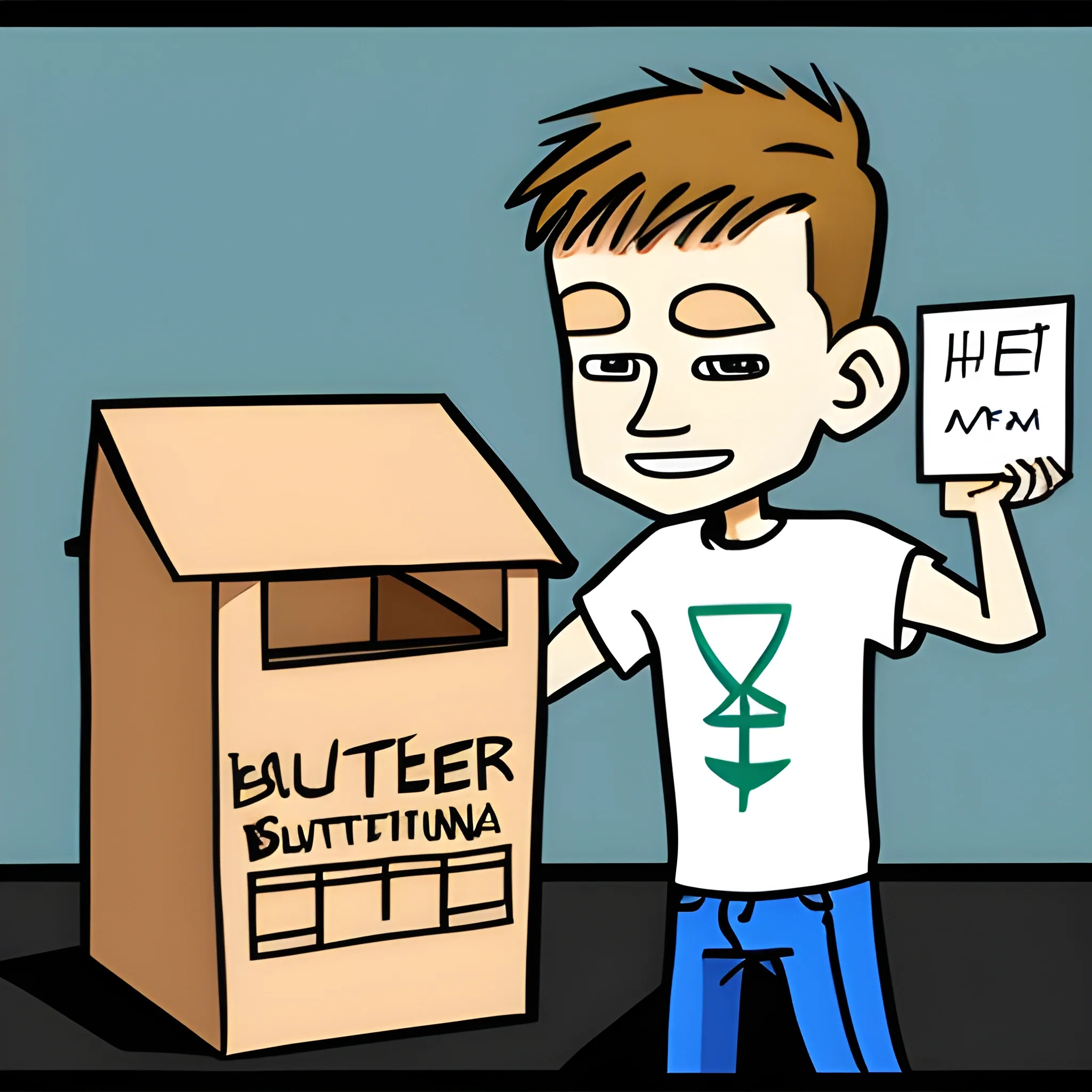 Vitalik Buterin holds a donation box, cartoon