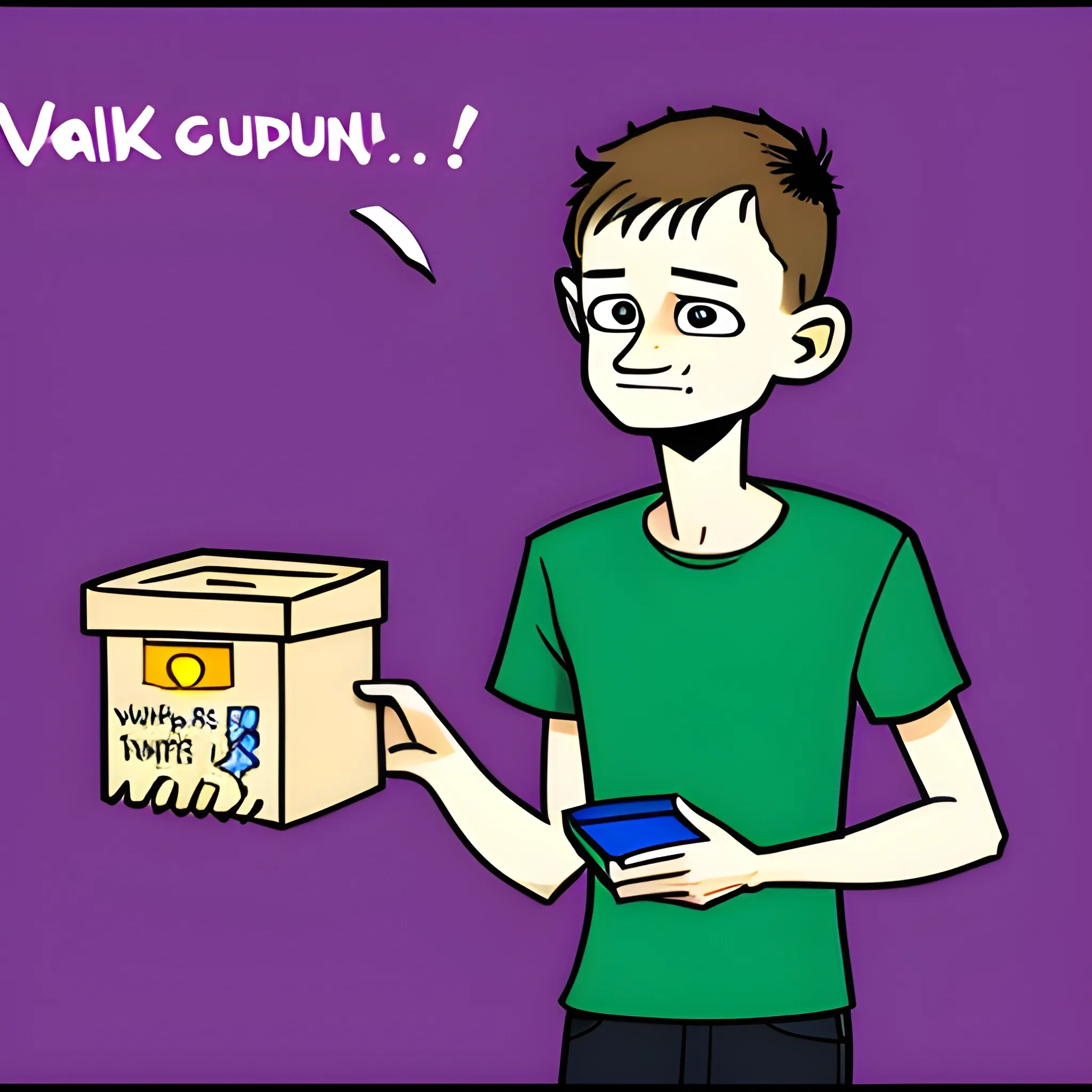 Vitalik Buterin holds a donation box, cartoon