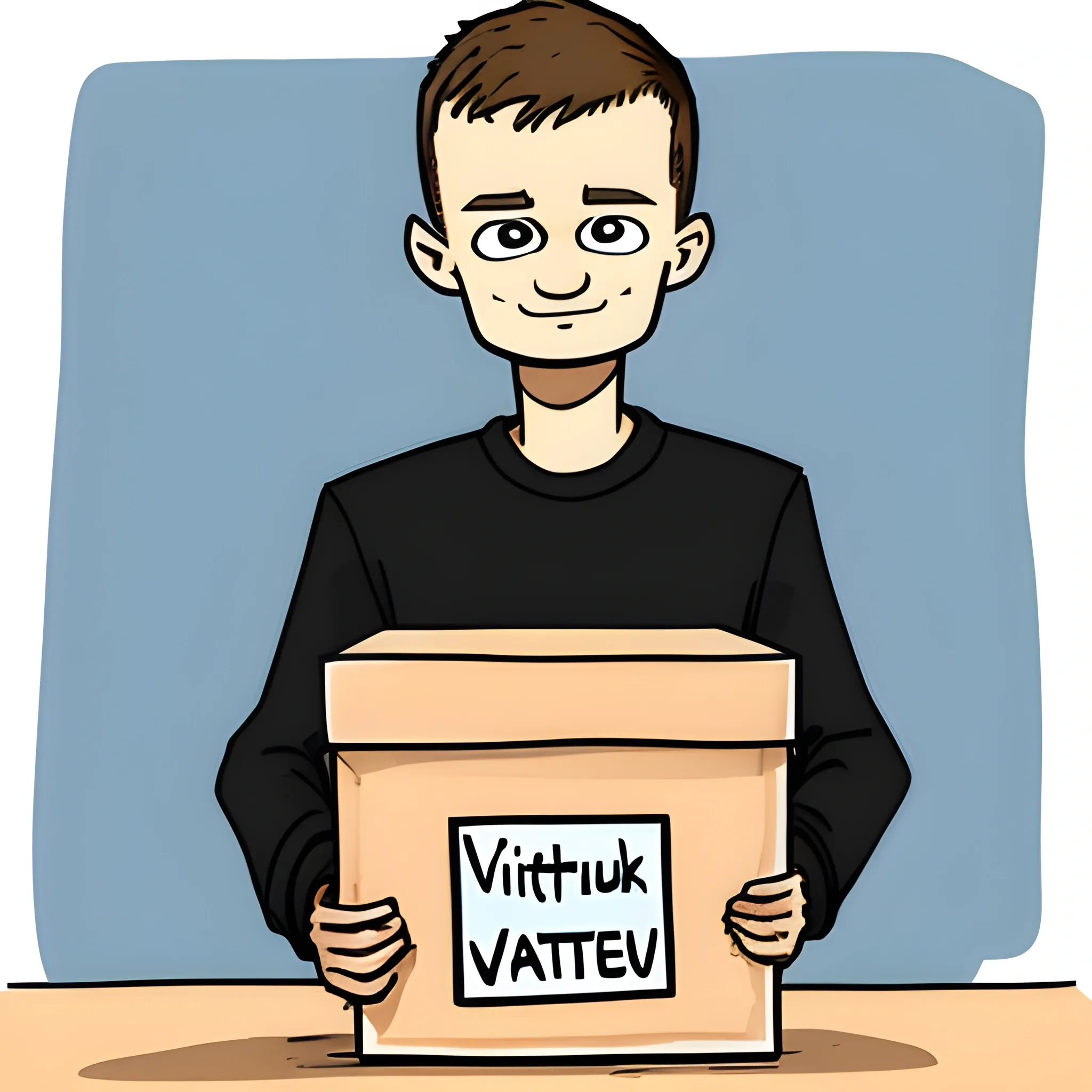 Vitalik Buterin holds a donation box, cartoon