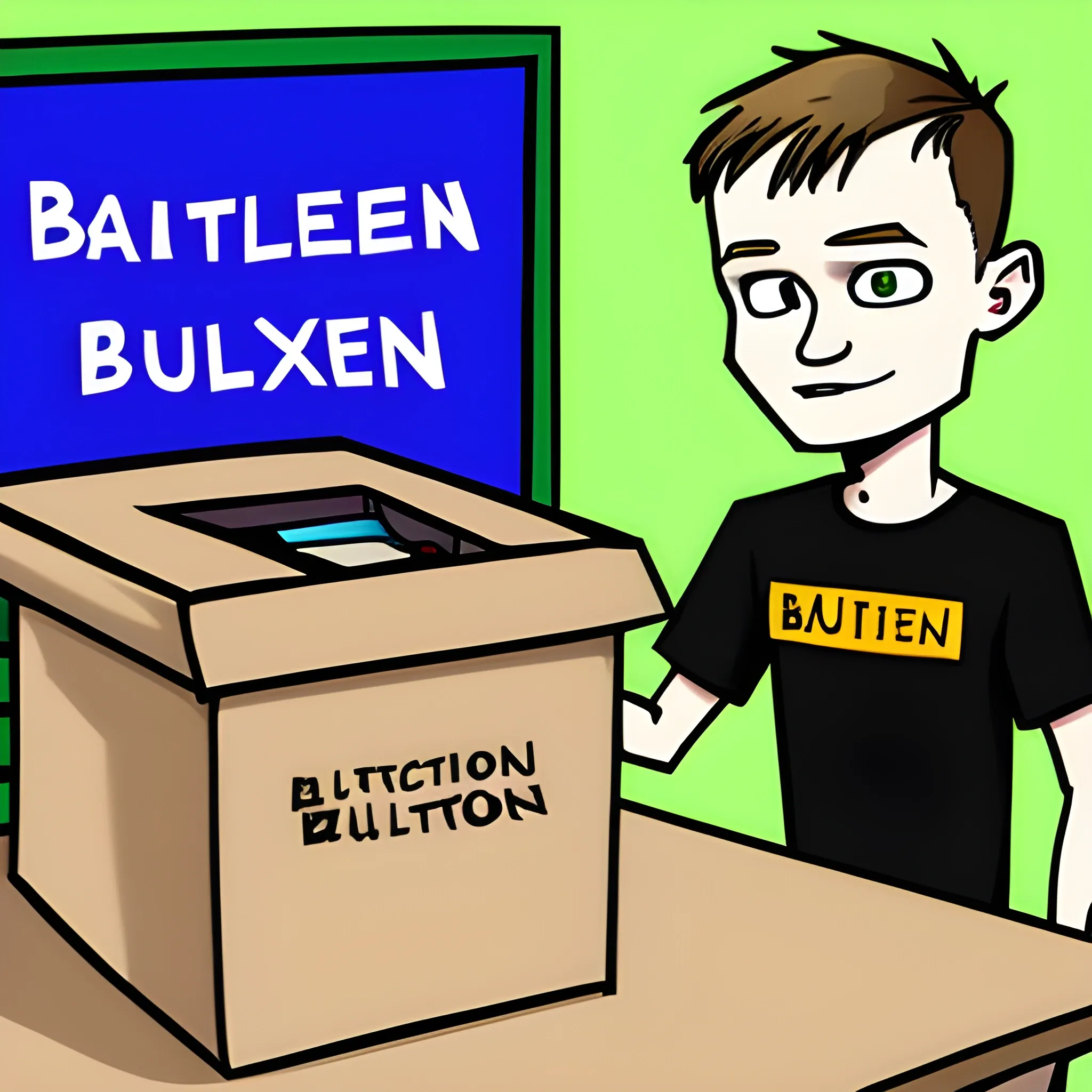 Vitalik Buterin holds a donation box, cartoon