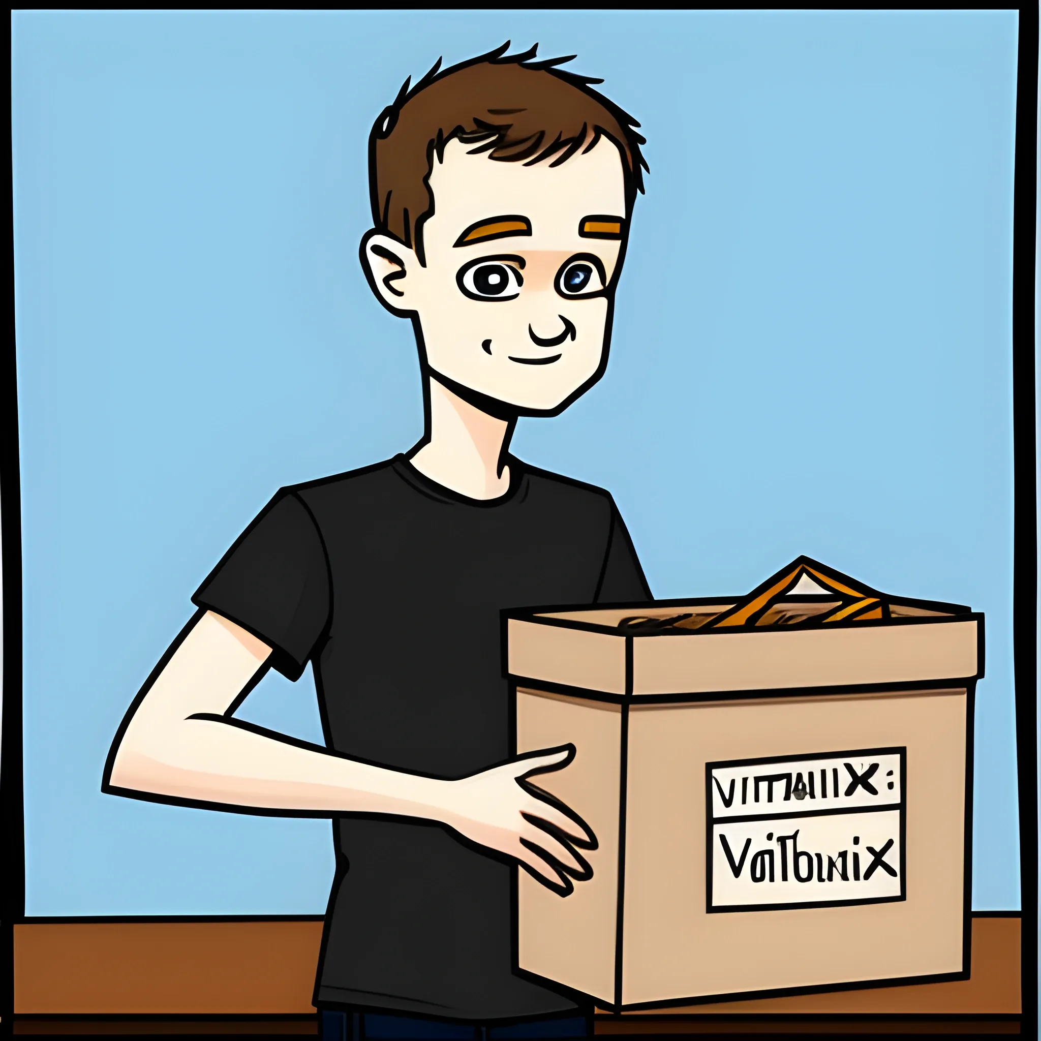 Vitalik Buterin holds a donation box, cartoon