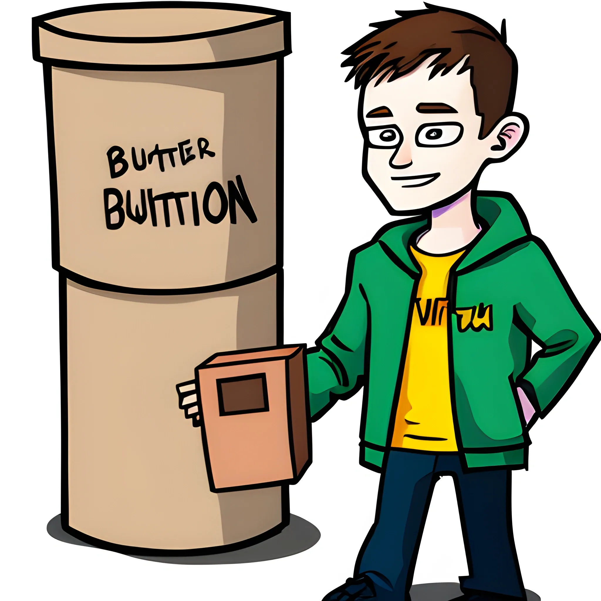 Vitalik Buterin holds a donation box, cartoon