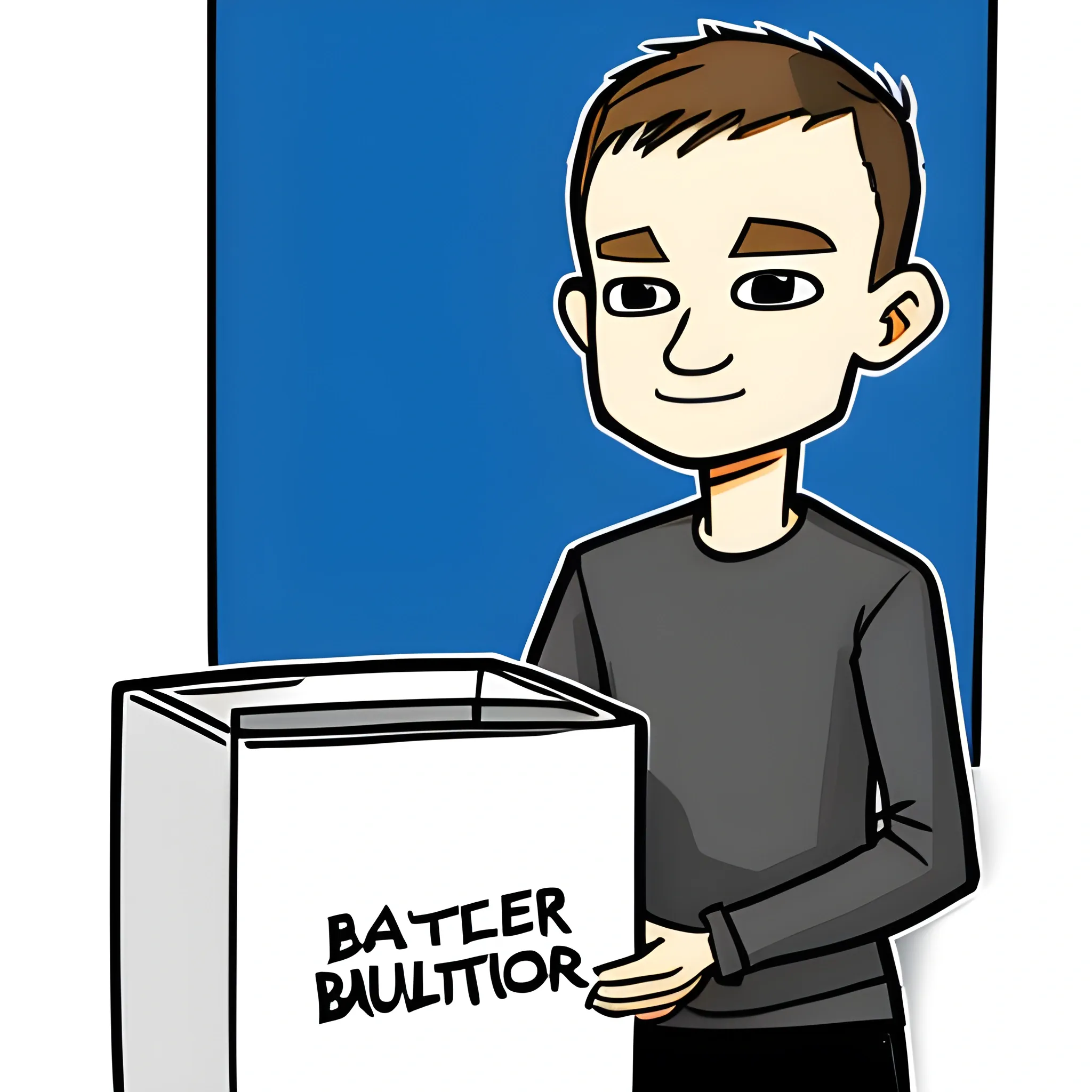 Vitalik Buterin holds a donation box, cartoon