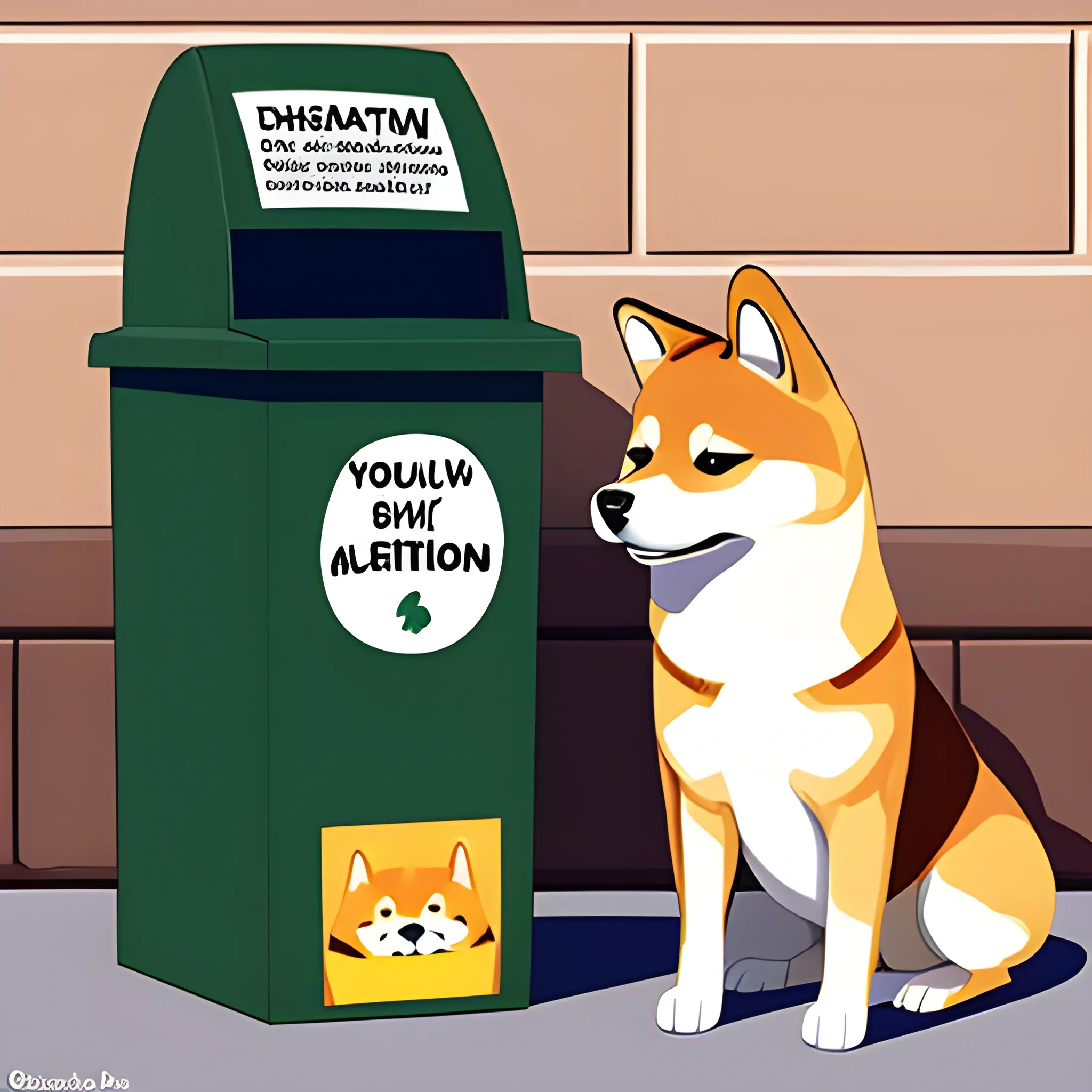 shiba inu holds a donation box, cartoon