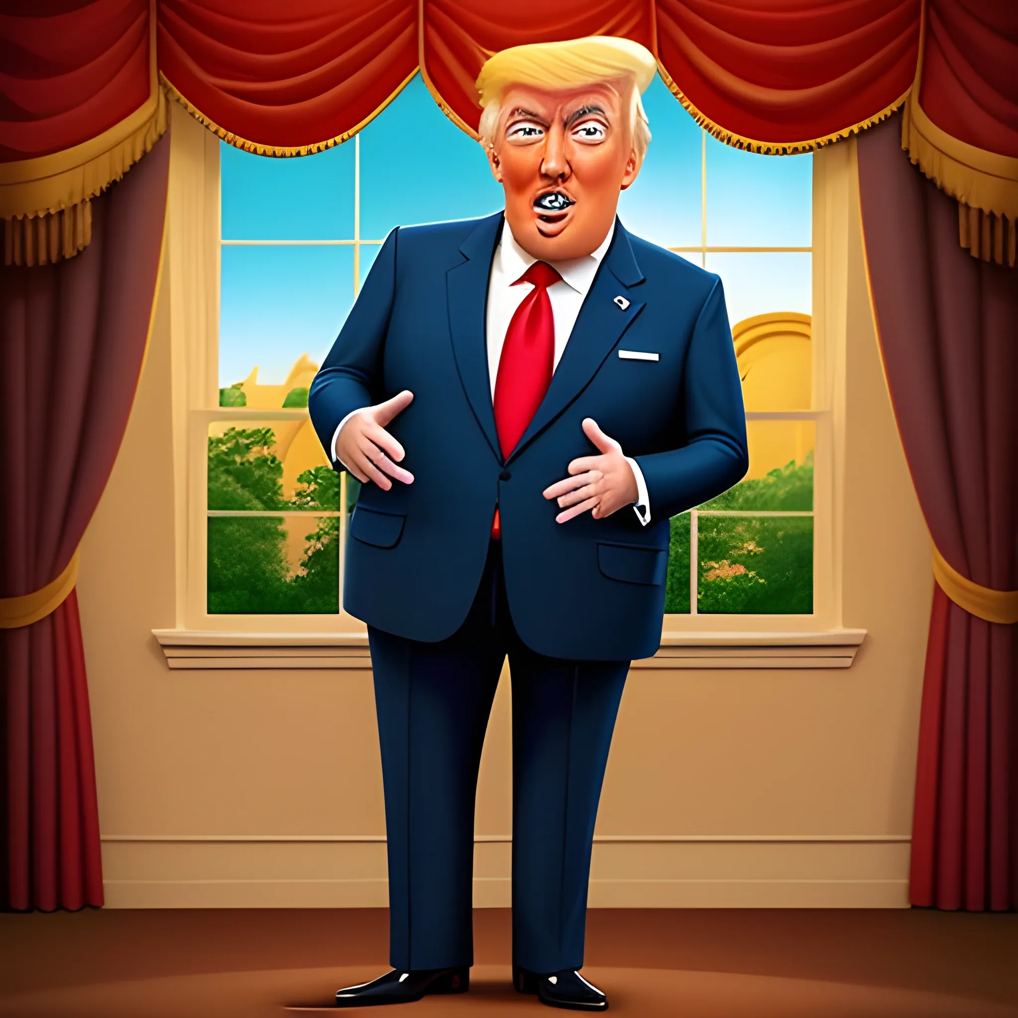 A whimsical Disney-Pixar style scene looking like a caricature presents Donald Trump confidently facing the scene. He seems to be posing for a portrait, he is wearing a presidential suit,
the scene is captivating. The background has been removed for the beauty of the scene., Cartoon