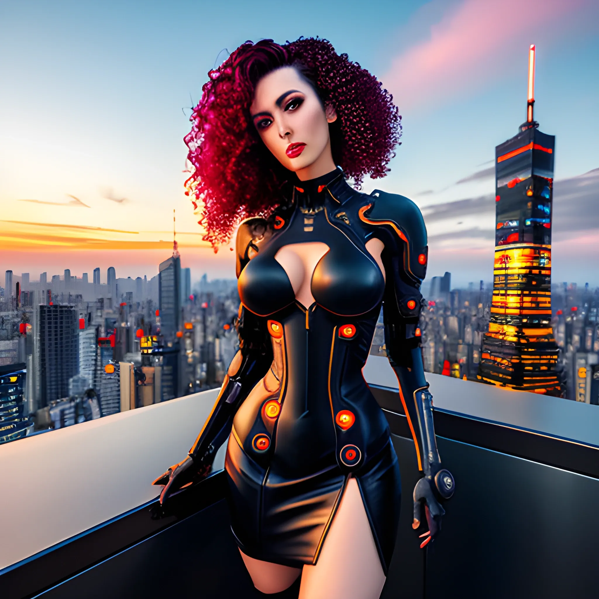 A hot brunette girl wearing a futuristic dress, cyberpunk style, sunset, Japan, curly hair