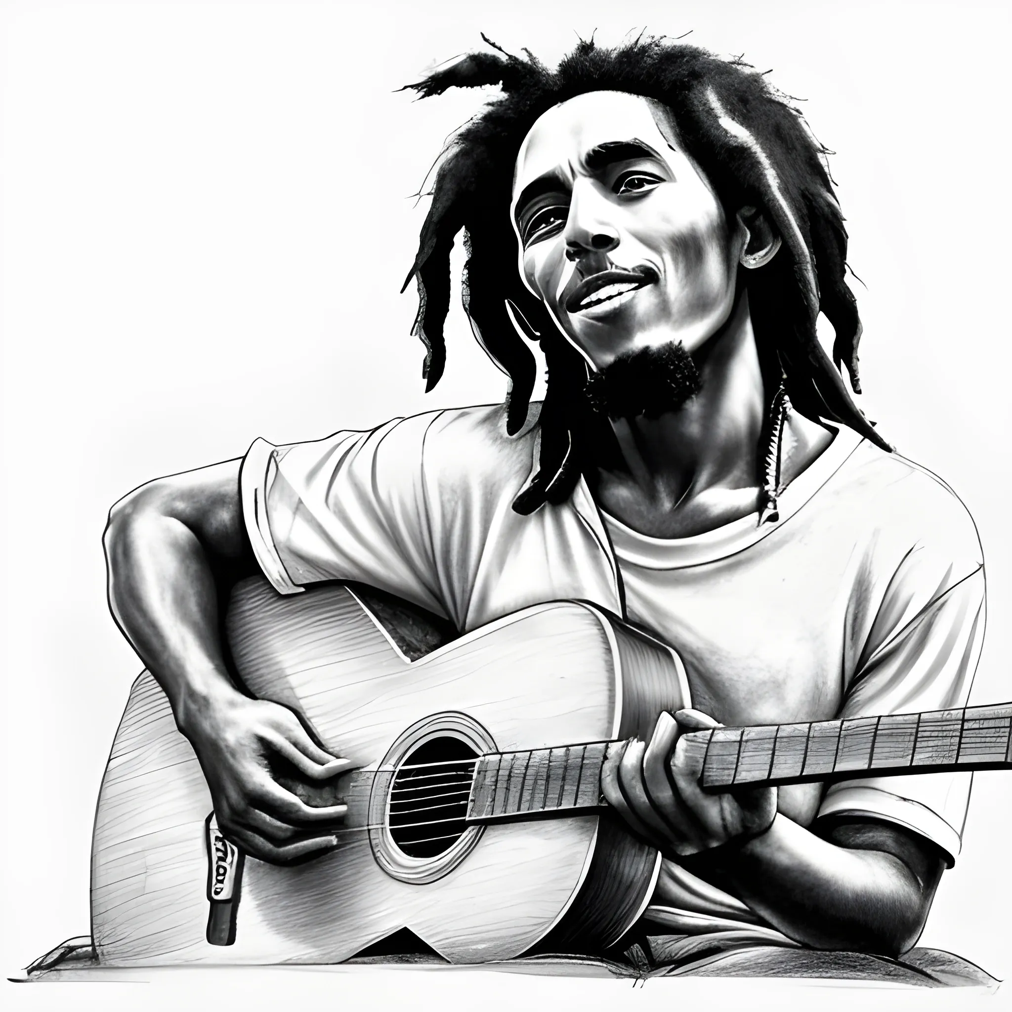 A well-known image of Bob Marley a relaxed candid shot playing music, Pencil Sketch