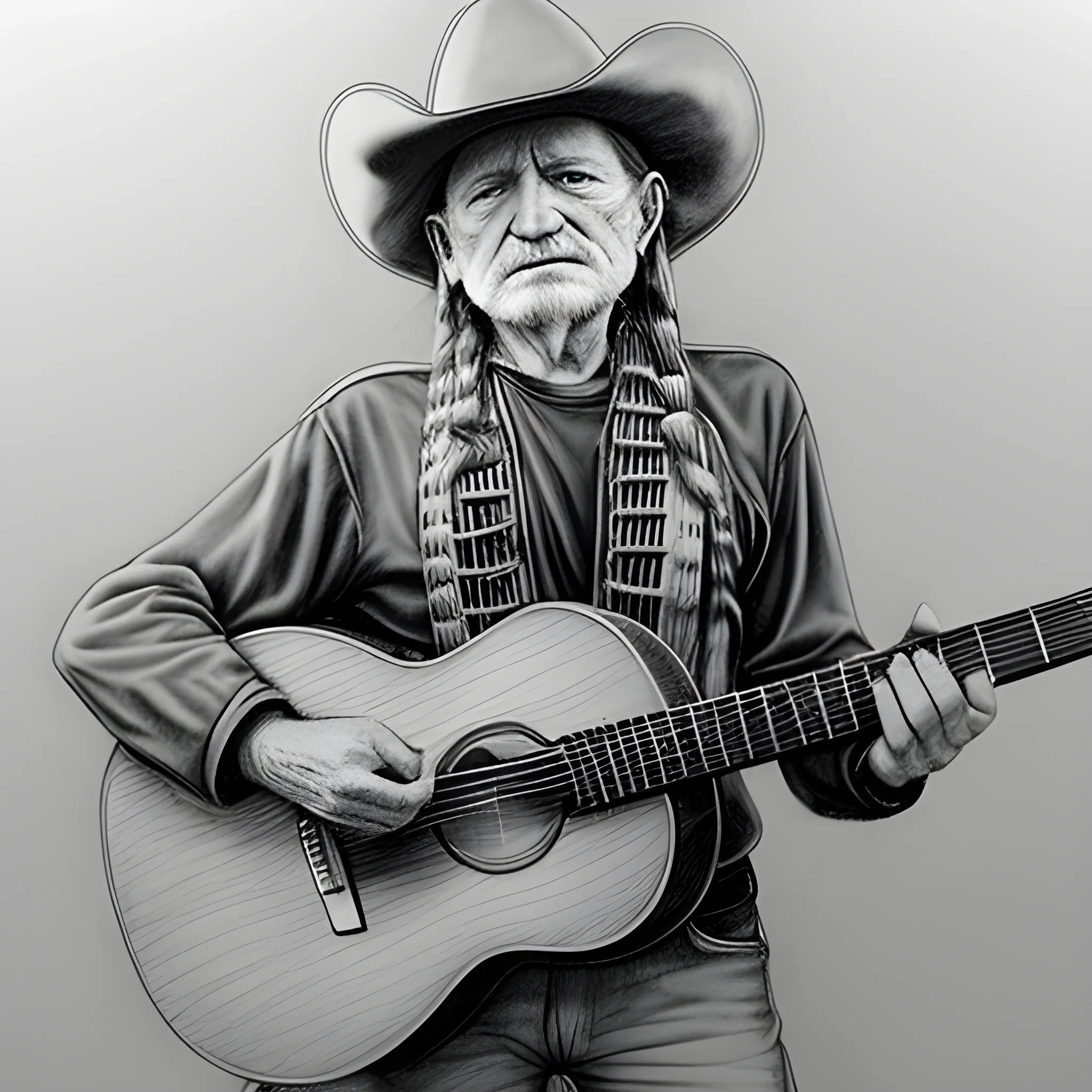 A classic portrait of Willie Nelson in his younger days with his guitar. Pencil Sketch