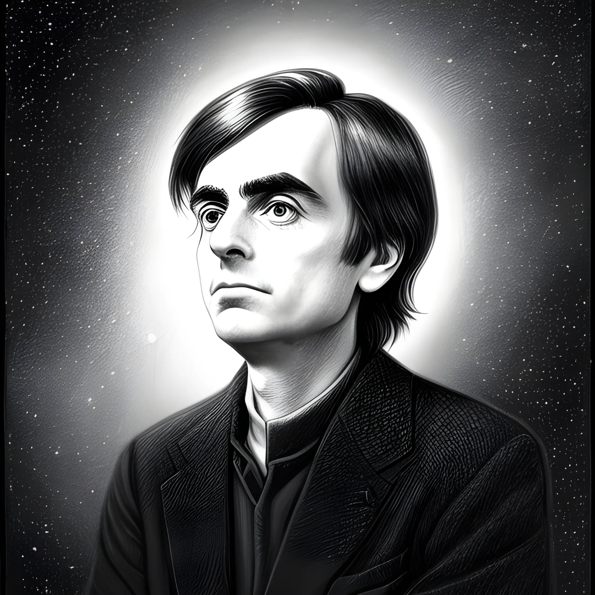 A contemplative portrait of Carl Sagan, possibly younger, with a starry background to reflect his work as an astronomer. Pencil Sketch