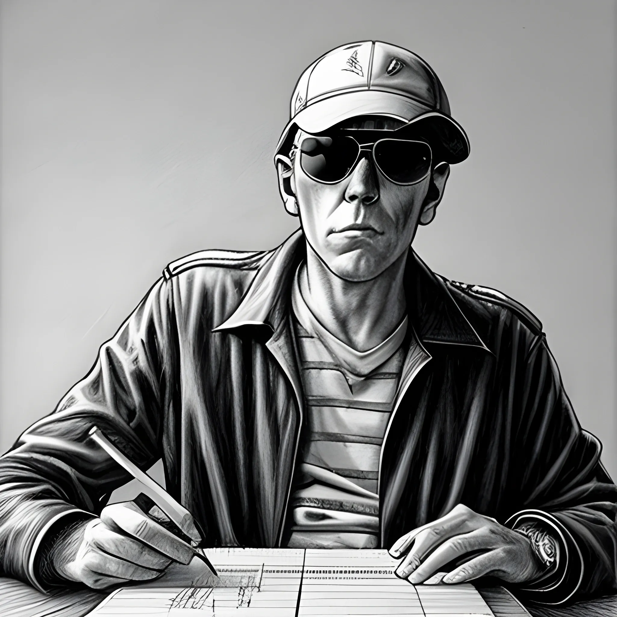 A famous image of Hunter S. Thompson in his aviators or a lesser-known photo of him typing in his early years.
 Pencil Sketch