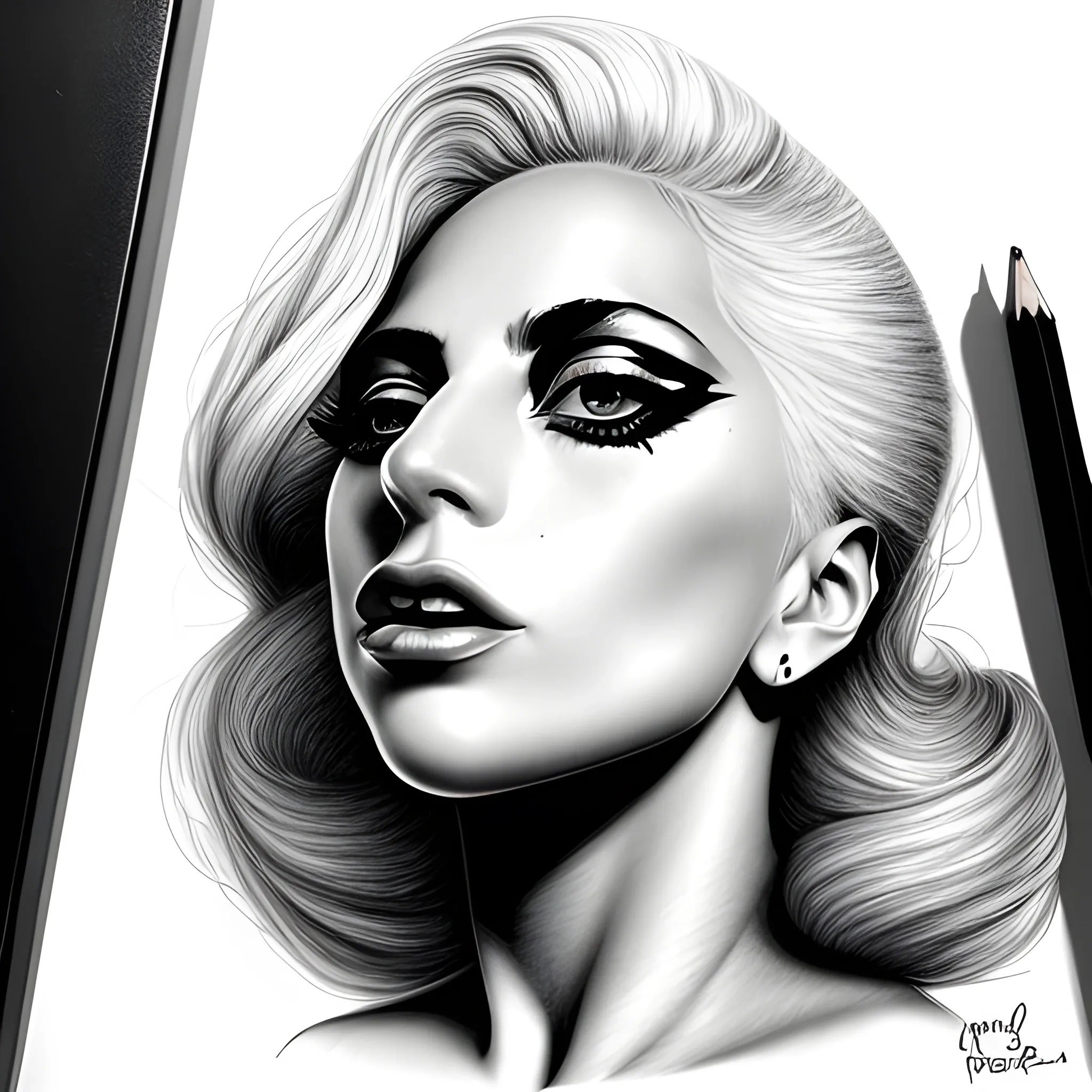 A striking, artistic image of Lady Gaga., Pencil Sketch