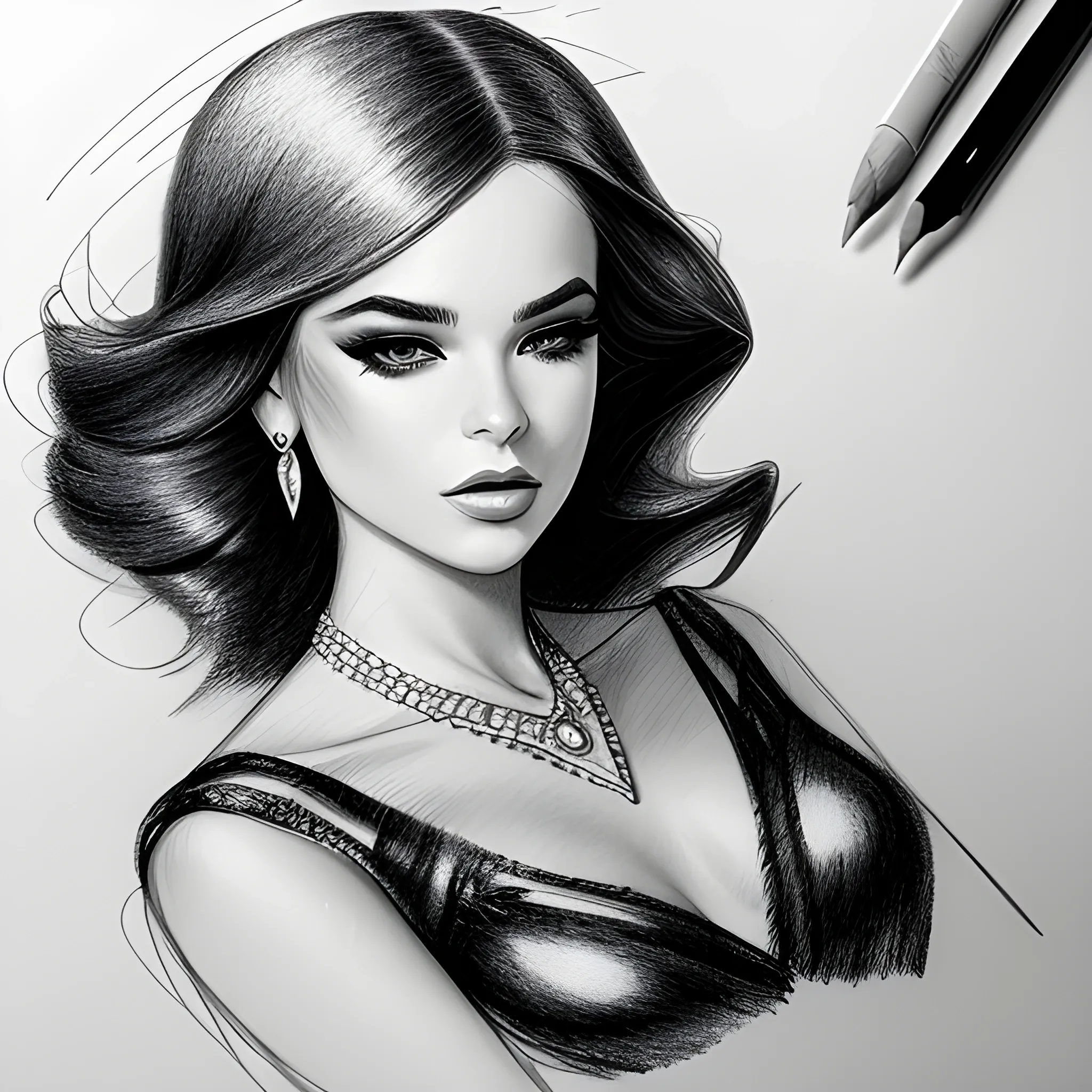 A glamorous, editorial-style photo of Rihann Pencil Sketch