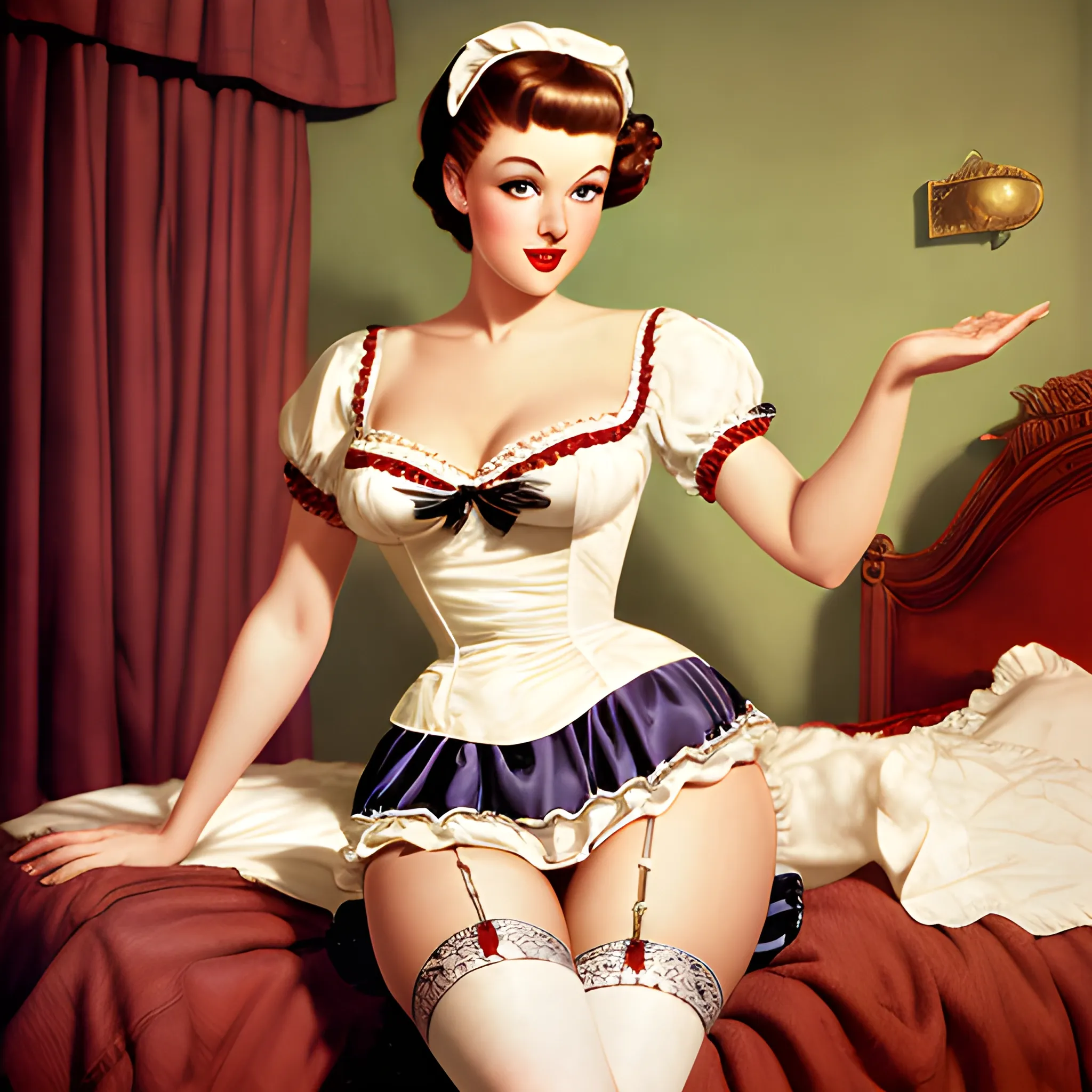 Woman In Room Maid Costume, Pinup, Detailed Eyes, Thigh Stockings, Deep Decolletage, Natural Skin, By Gil Elvgren And Rolf Armstrong, Realistic Photo, Looking Back