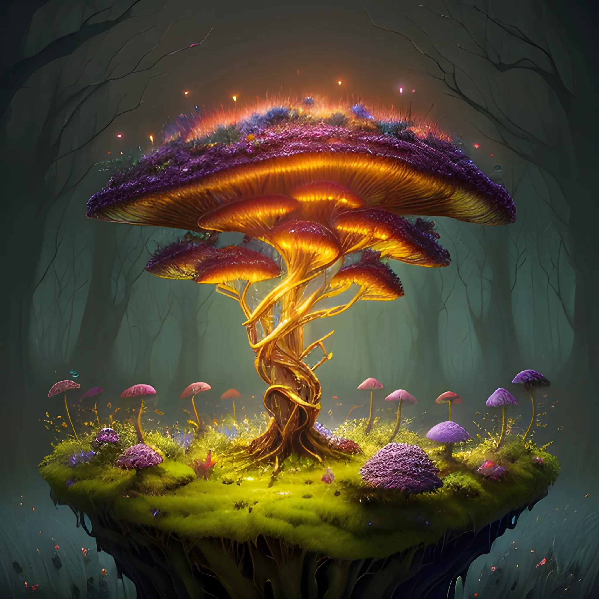 a beautiful digital landscape painting of a detailed gothic fantasy fireflies and roots, dark mushroom, flowers by benoit b. mandelbrot, steven belledin, martin johnson heade, lee madgwick, caspar david friedrich, and david rios ferreira. 8 k resolution trending on artstation concept art digital illustration , 3D