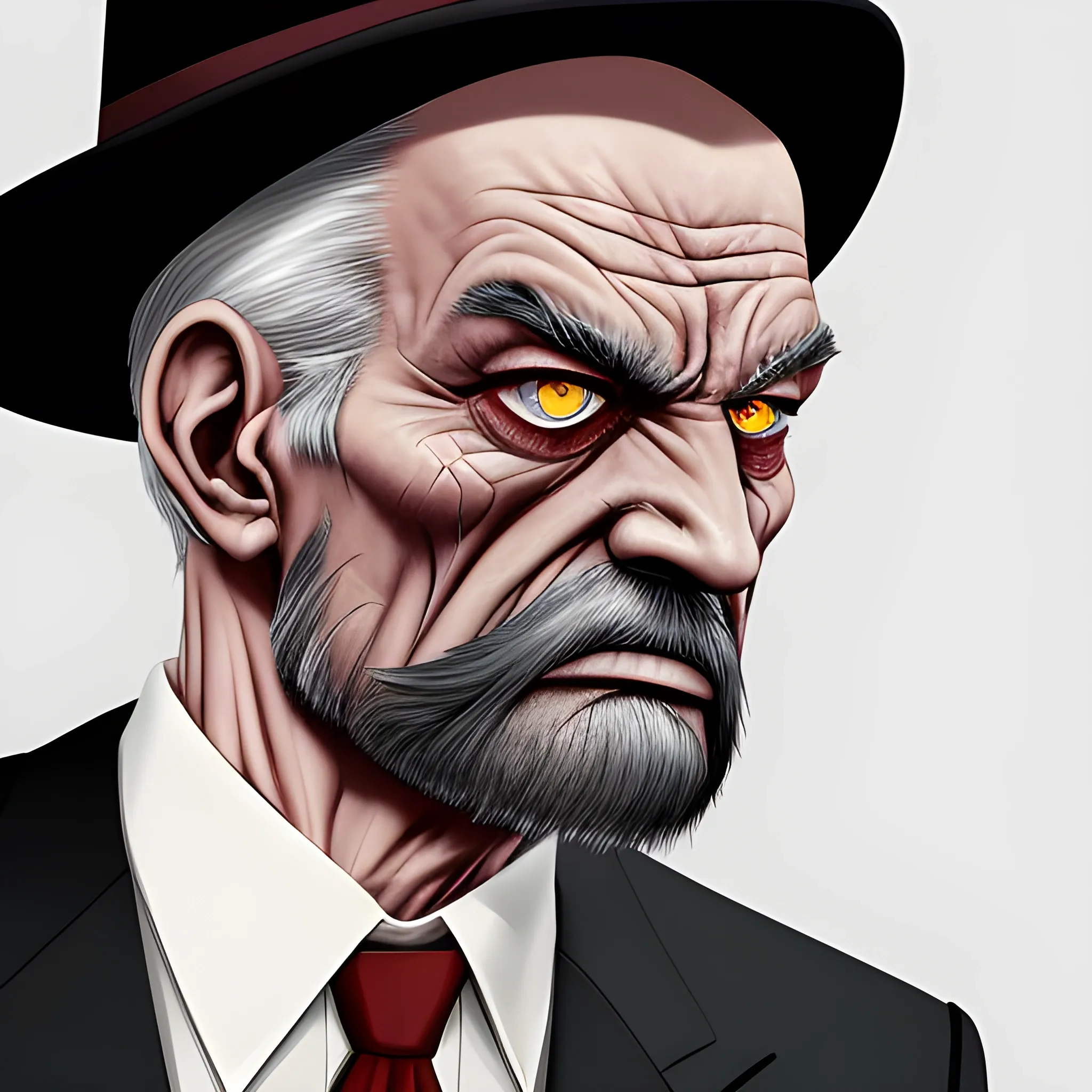 intimidating old man from the maffia in a suit, has red irises