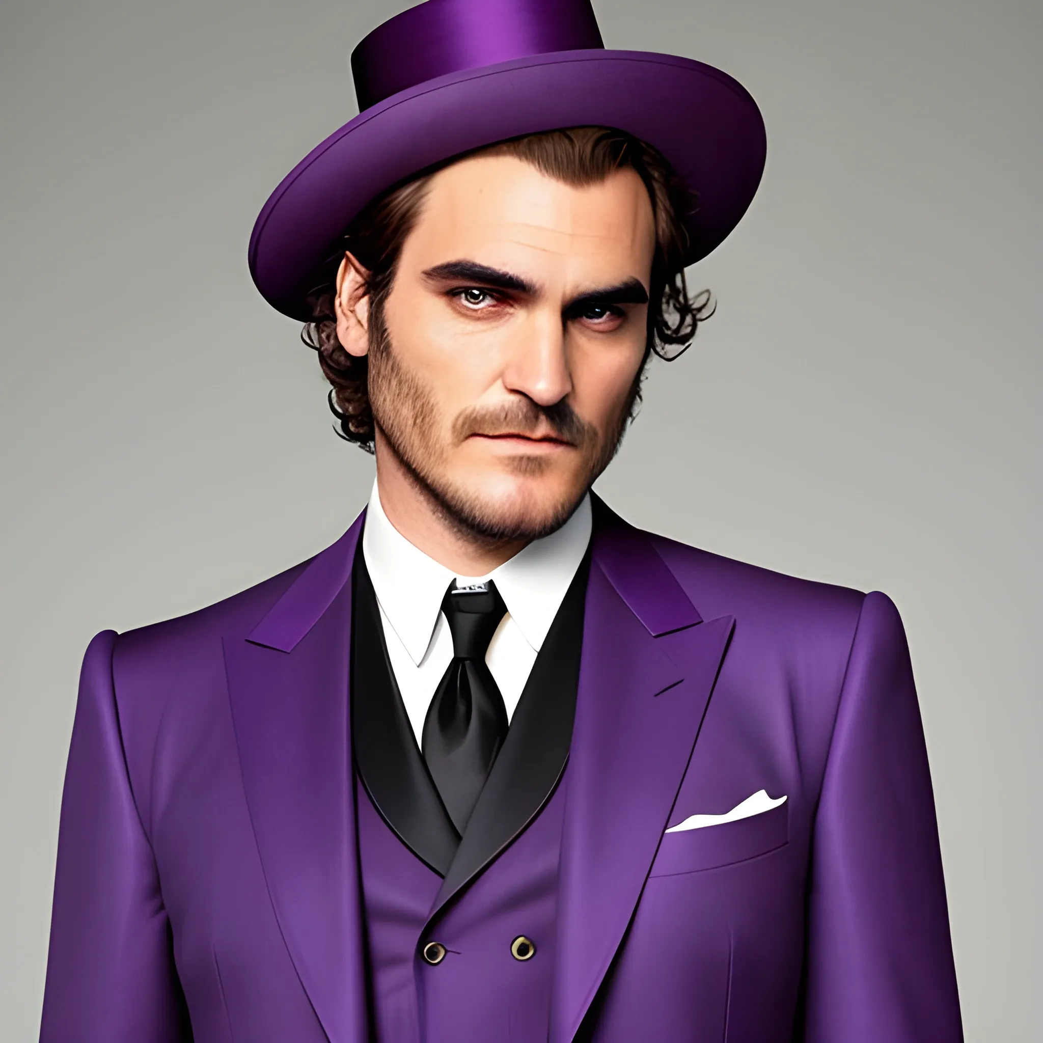 beautiful 2000's young Joaquin Phoenix wearing an elegant purple suit and a dandy plumed hat