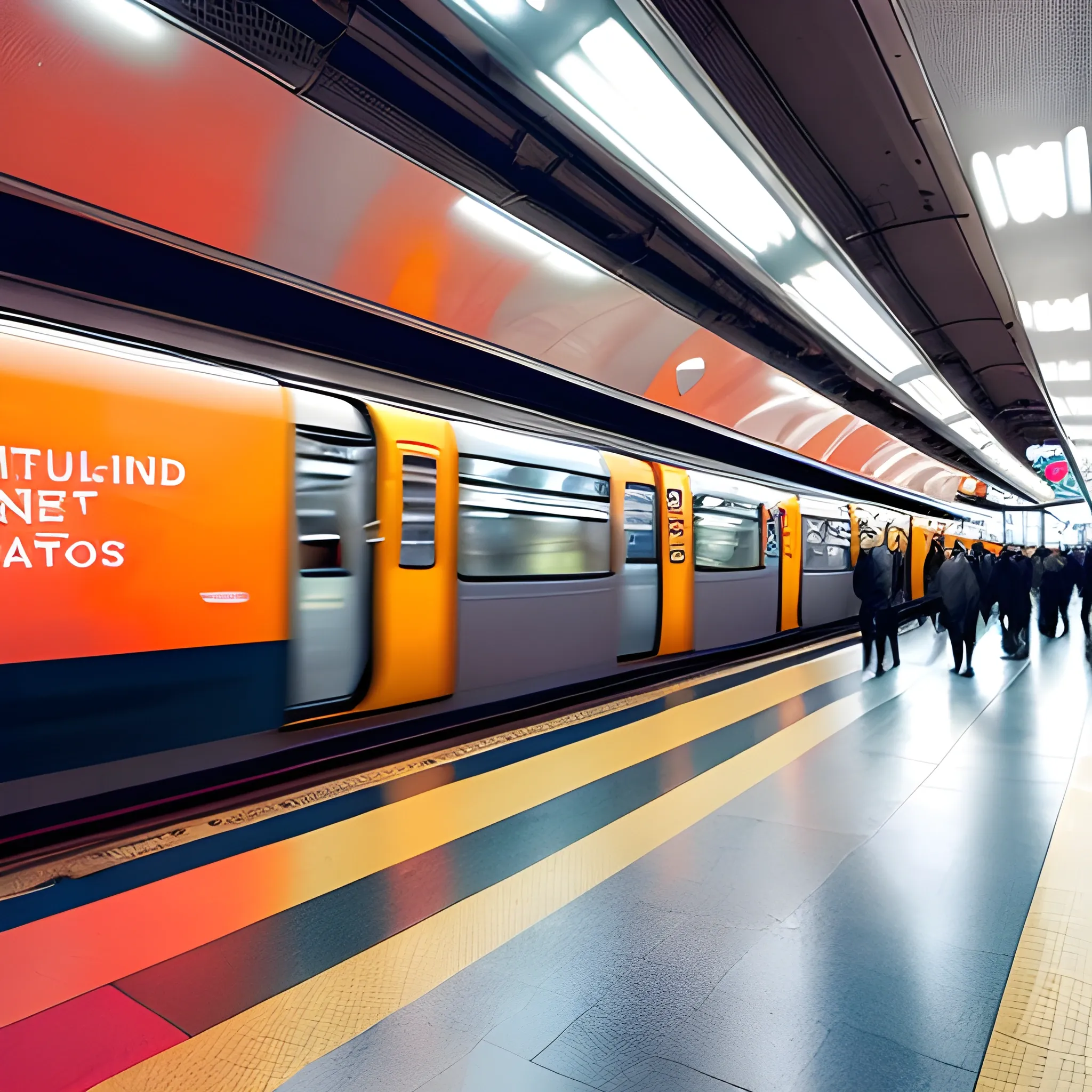 The photograph captures the dynamic atmosphere of a busy metro station during peak hours. The platform is crowded with commuters, some in a hurry, others waiting patiently. A bright orange metro train blurs into the station, indicating movement and the fast pace of city life. Vibrant digital billboards add a pop of color and modernity to the scene, making this metro station not just a transit point but also a space of visual interest.