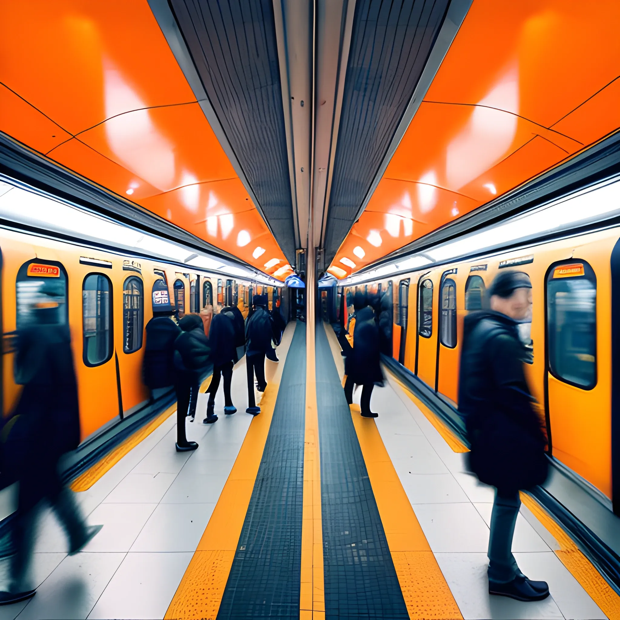 The photograph captures the dynamic atmosphere of a busy metro station during peak hours. The platform is crowded with commuters, some in a hurry, others waiting patiently. A bright orange metro train blurs into the station, indicating movement and the fast pace of city life. Vibrant digital billboards add a pop of color and modernity to the scene, making this metro station not just a transit point but also a space of visual interest.