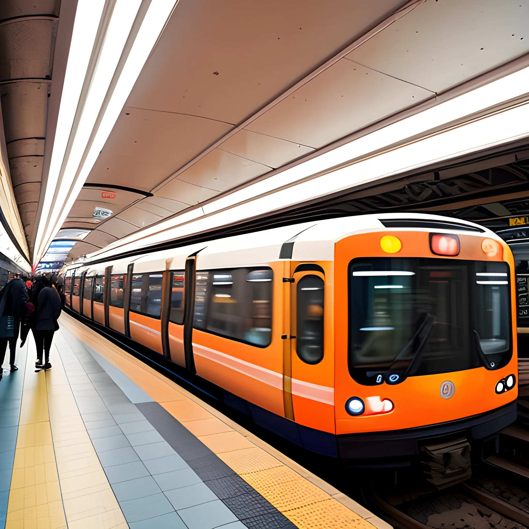 The photograph captures the dynamic atmosphere of a busy metro station during peak hours. The platform is crowded with commuters, some in a hurry, others waiting patiently. A bright orange metro train blurs into the station, indicating movement and the fast pace of city life. Vibrant digital billboards add a pop of color and modernity to the scene, making this metro station not just a transit point but also a space of visual interest.