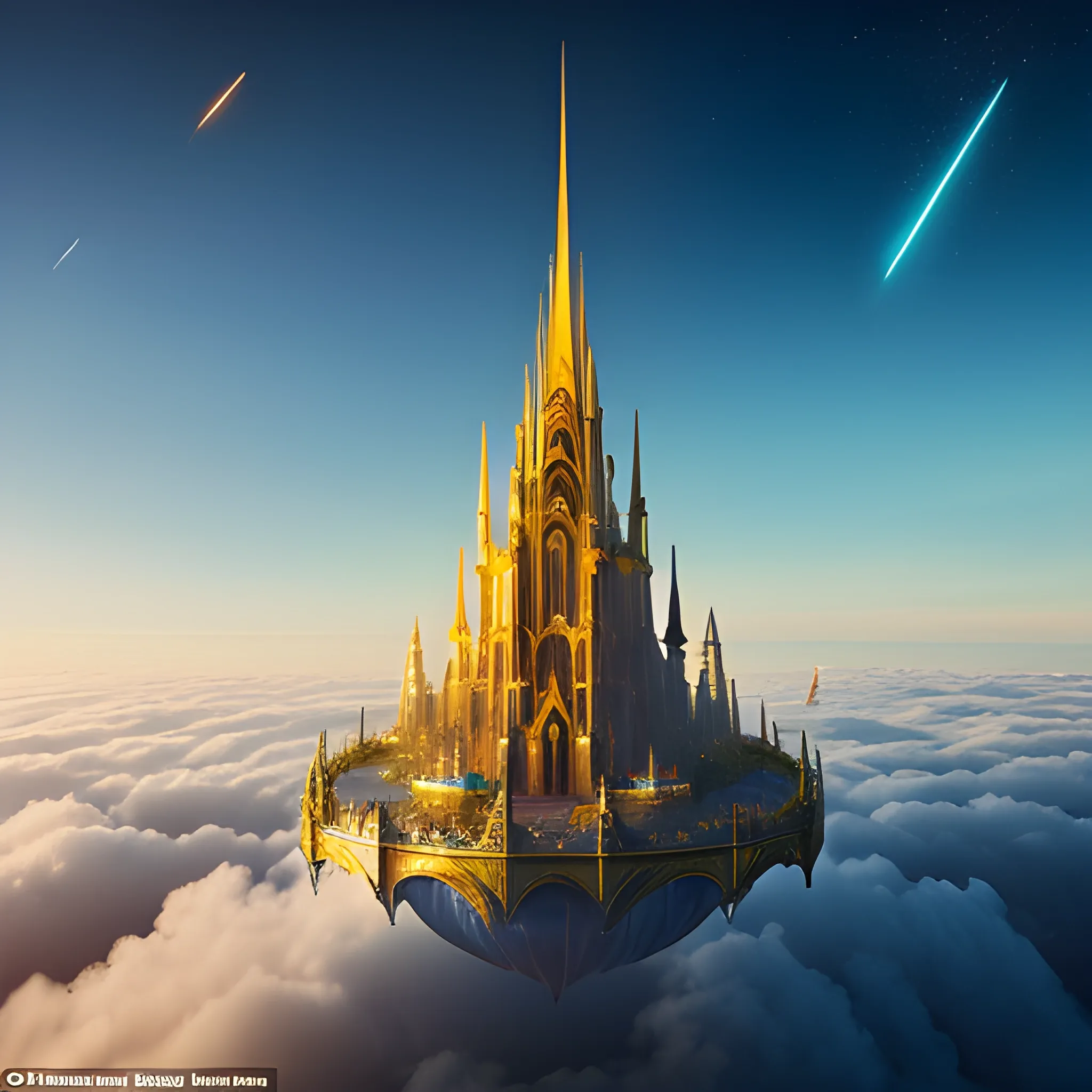 In this captivating scene, a majestic city floats serenely above a sea of clouds, illuminated by the warm glow of the sun. This city, brimming with intricately designed golden towers and spires, seems to be a relic from a fantastical world. Delicate bridges connect various parts of the city, while small airships gliding quietly between the towers add a dynamic element to the peaceful panorama. The city not only represents a marvel of imaginative architecture but also invites viewers to lose themselves in a dreamscape where the wonders of old and new merge seamlessly against a backdrop of endless blue skies.