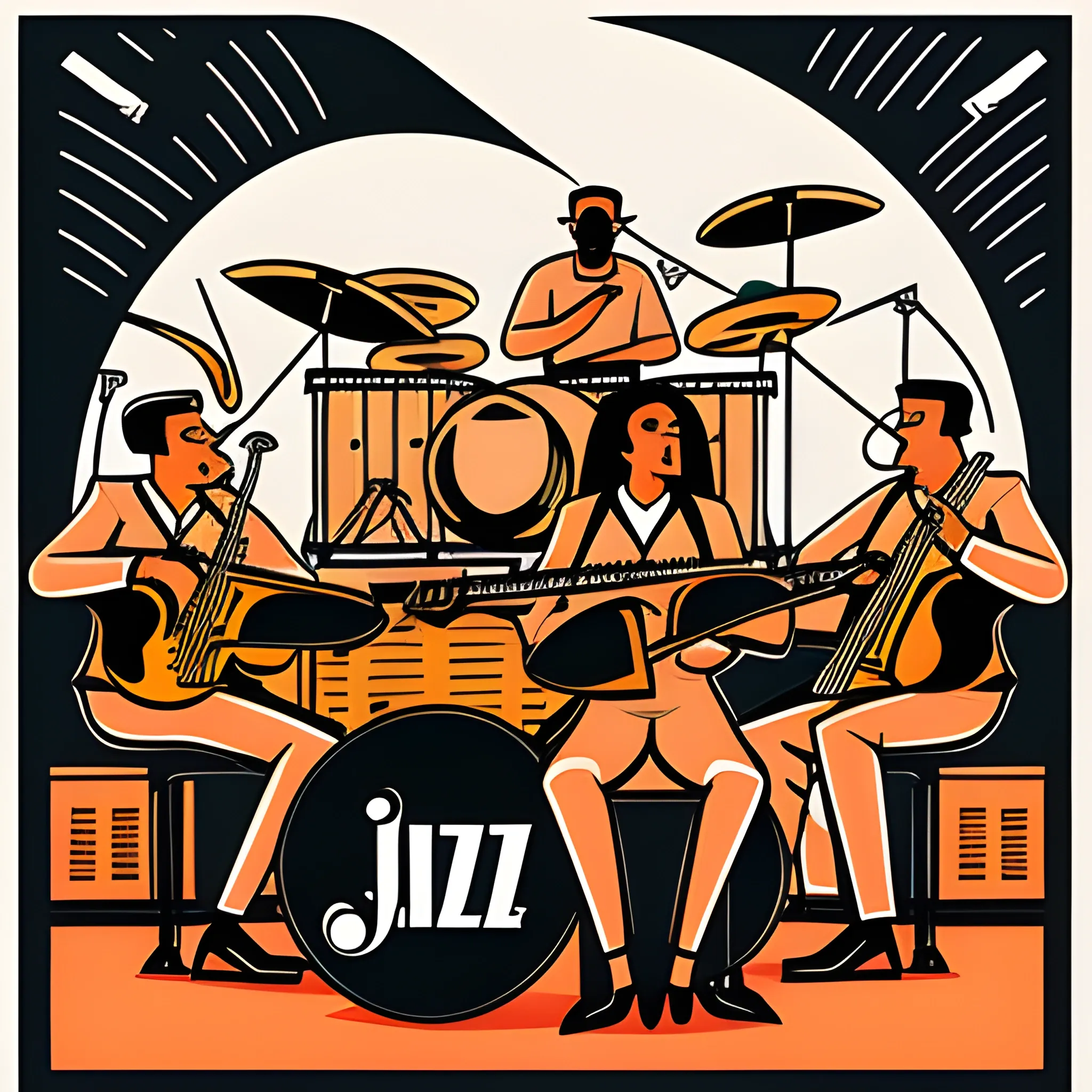 Draw an illustration for a jazz poster. It should be 4 people in the same style playing musical instruments. A girl singing into the microphone, a guy on drums, a second guy on double bass and a girl on piano