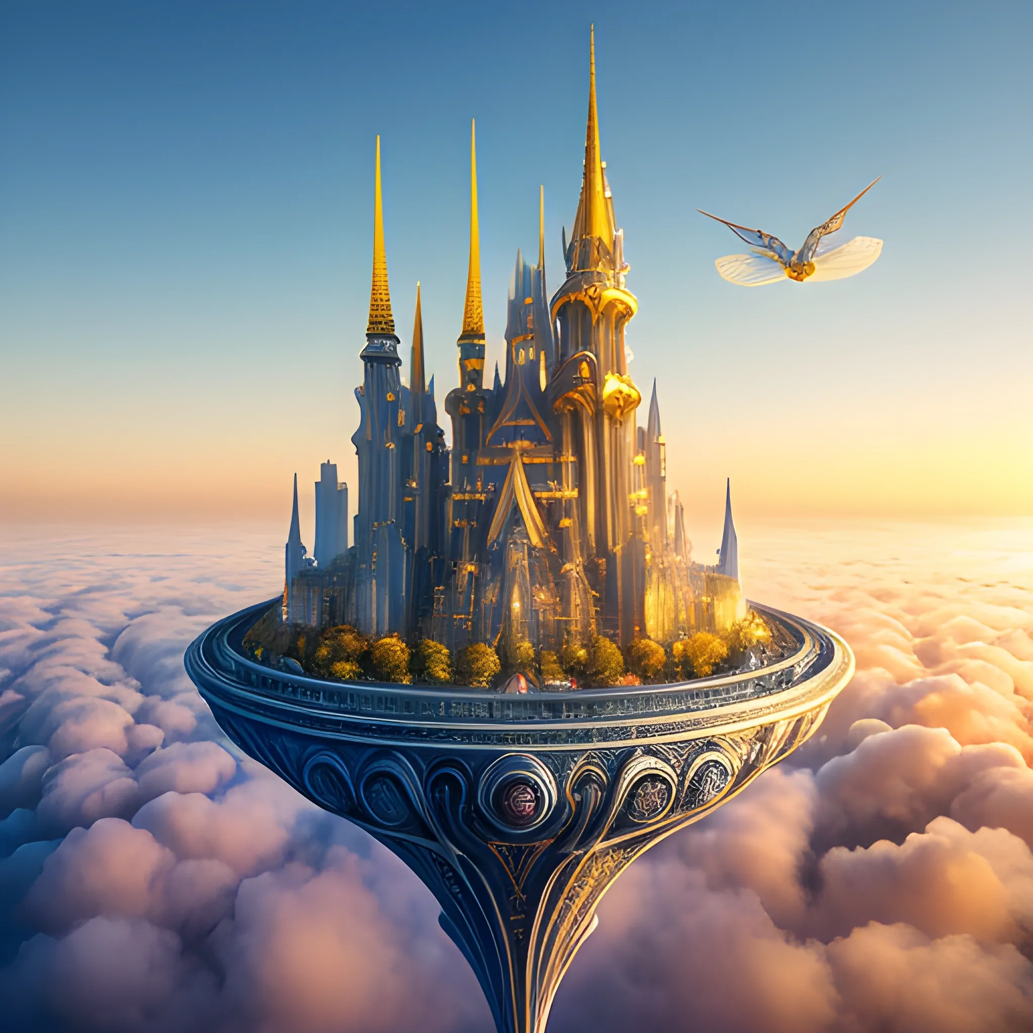 In this captivating scene, a majestic city floats serenely above a sea of clouds, illuminated by the warm glow of the sun. This city, brimming with intricately designed golden towers and spires, seems to be a relic from a fantastical world. Delicate bridges connect various parts of the city, while small airships gliding quietly between the towers add a dynamic element to the peaceful panorama. The city not only represents a marvel of imaginative architecture but also invites viewers to lose themselves in a dreamscape where the wonders of old and new merge seamlessly against a backdrop of endless blue skies.