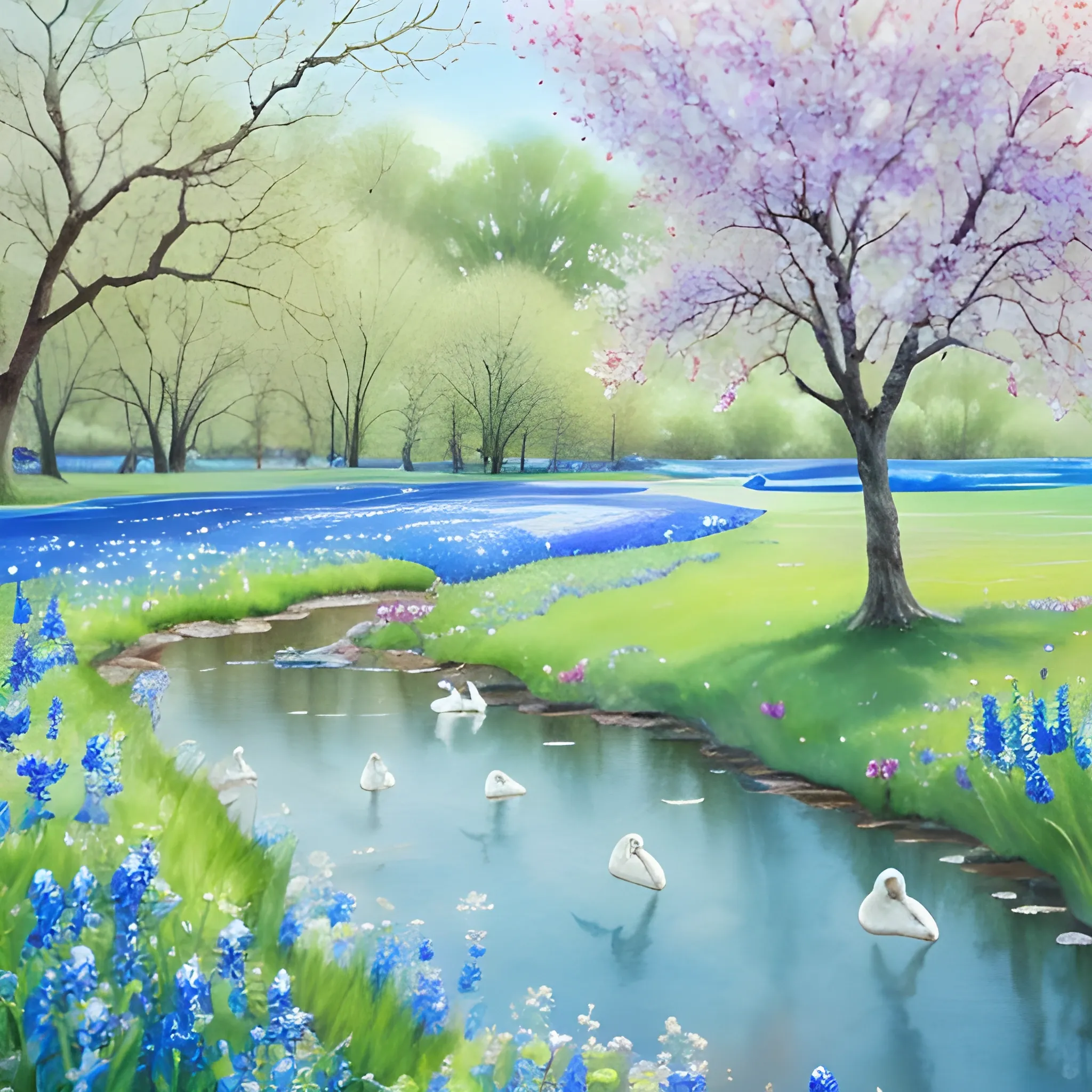 A scenery blue bonnets park In full bloom with gently petals falling into the meandering stream. add swans swimming in the stream. up close, Water Color, Oil Painting