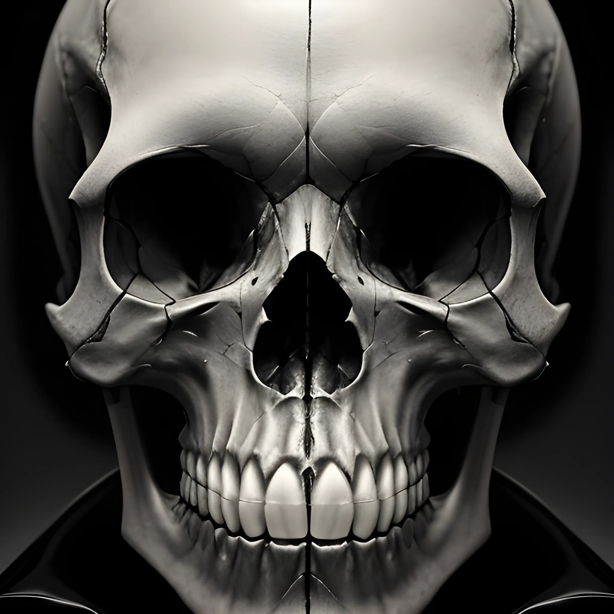 The image is a close-up of a wild human skull. It's depicted against a solid black background, which accentuates the stark details of the skull. The skull has a detailed, almost textured appearance, with visible teeth, eye sockets, and a prominent brow ridge. The skull's facial expression is one of a menacing sneer, creating a sense of darkness and intimidation. The overall image evokes a sense of mortality, danger, and the macabre. 