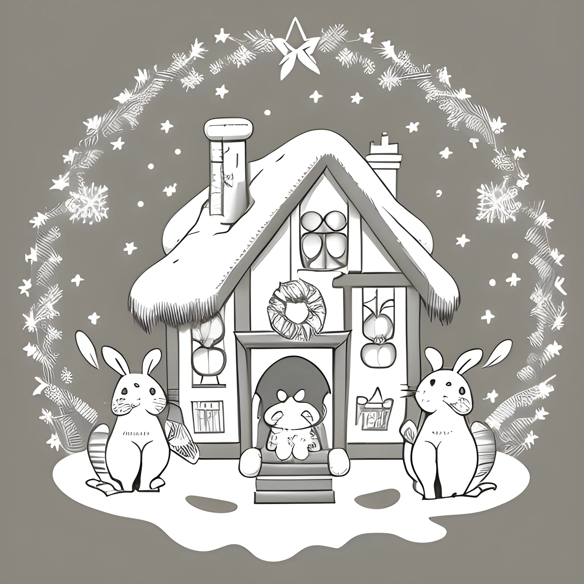 A cute, black-and-white line art illustration featuring adorable cartoon animals, including a bunny, cat, and bird, all dressed in festive attire. The animals are placed around a decorated house with a large present on the roof. The background features Christmas trees, stars, and snowflakes, creating a cheerful and whimsical holiday scene. The style is simple, with clean lines and a focus on the cute, playful expressions of the characters.