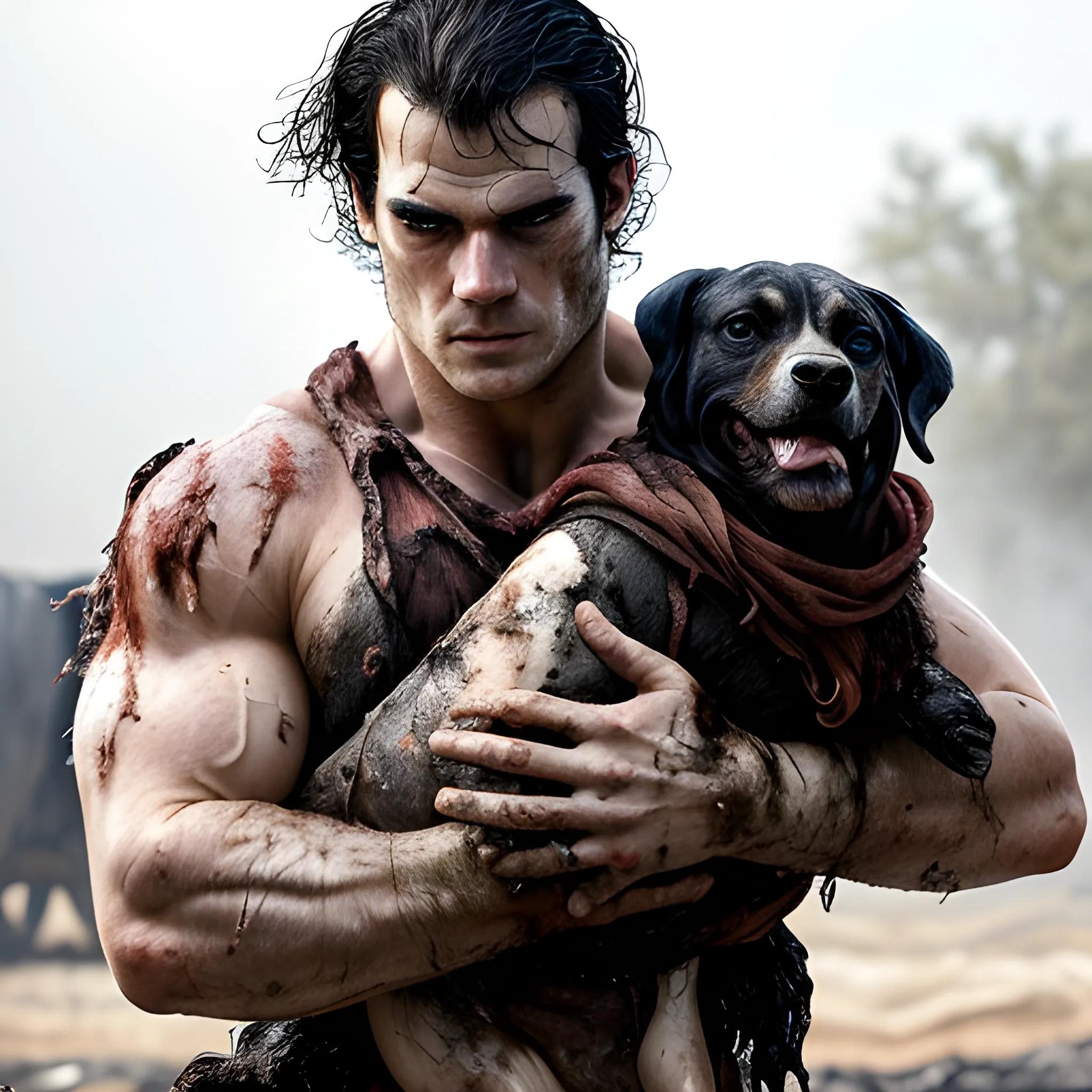 A greasy, dirty, sweaty and muscular man who is identical to Henry Cavill carries his lifeless best friend in his arms. The man’s clothes are ripped. Flames from a fire engulf him.