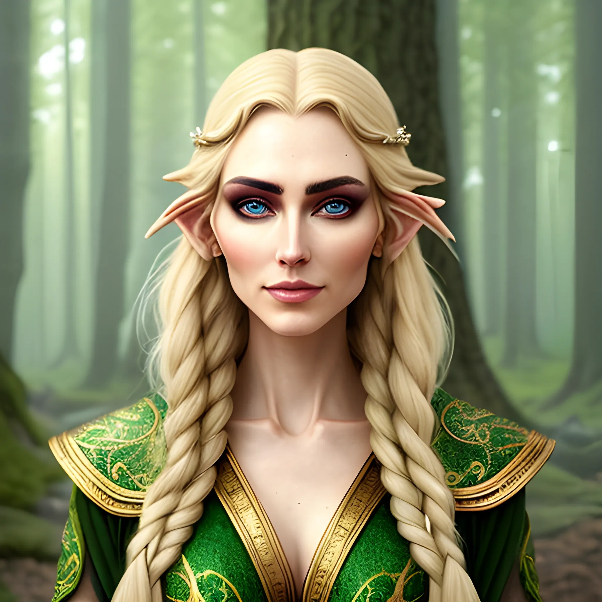 Lianna is distinguished by her long, blonde hair. Her hair falls to her shoulders in soft waves, and their golden color shines under the forest sun. His eyes are bright green, reminiscent of the endless green of the forest. These eyes are very deep and reflect the wisdom and experience of the elves who have lived in them for thousands of years.

Her skin is white and delicate, shining like pearls, typical of elven people. The face is long and thin, the nose and cheeks are thin, and the lips are thin and naturally red. And the expression on his face is serious but kind; despite all the hardships he has gone through, he has maintained strength and confidence.

Lyanna is dressed like an elven warrior. His body is covered in light armor, which is comfortable and durable, decorated with forest-inspired patterns. Her clothing is light and in shades of green, brown and light blue that blend with the forest, making her one with nature. He also carries a small vial (vial) with an old and mysterious appearance, which is a reminder of his healing abilities.

A lyanna is usually armed with a long, thin sword or a bow, which is common among elves. He is tall and his movements are smooth and natural, which shows his lightness and agility. Her overall appearance is bold yet subtle and elegant, matching her strong yet empathetic nature., 3D, , Pencil Sketch, Trippy, Water Color