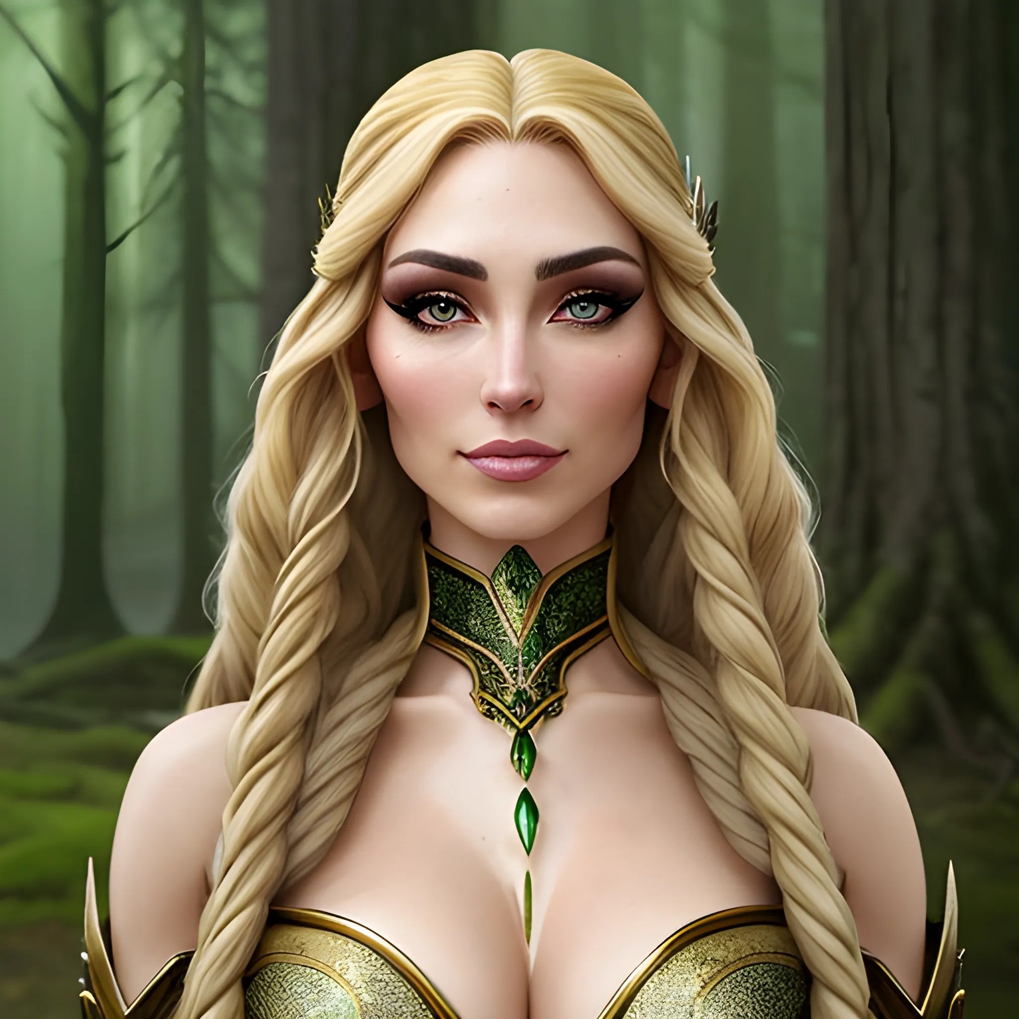 Certainly! Here's a detailed description of Lianna's appearance in English:

Lianna is an elegant elf with long, flowing blonde hair that cascades in soft waves over her shoulders, shimmering like gold in the light. Her eyes are a striking shade of green, reminiscent of the deep, ancient forests she calls home. These eyes are both piercing and gentle, holding within them the wisdom and experience of her long life.

Her skin is fair and smooth, with a pearlescent glow typical of elvenkind. Lianna’s face is finely sculpted, with high cheekbones, a delicate nose, and soft, naturally rosy lips. There is a serene yet determined expression on her face, reflecting the trials she has endured.

Her eyebrows are finely arched, matching the color of her hair(yellow), though slightly darker, in a light brown shade. They are delicately shaped, enhancing her expressive eyes and adding to the gracefulness of her features. These eyebrows convey both strength and subtlety, highlighting her poised and composed nature.

Lianna's attire is a blend of practicality and beauty, befitting an elf of her stature. She wears light, intricately designed armor that is adorned with patterns inspired by nature, featuring hues of green, brown, and soft blue that allow her to blend seamlessly into her forest surroundings. Her armor is both protective and elegant, with a focus on mobility and grace.

In one hand, she might carry a small, ancient-looking vial, symbolizing her healing abilities, while the other could hold a finely crafted elven sword or bow, reflecting her warrior spirit. Lianna’s overall appearance is a harmonious blend of strength, beauty, and mystique, capturing her connection to the natural world and her enduring spirit in the face of adversity., 3D, Water Color