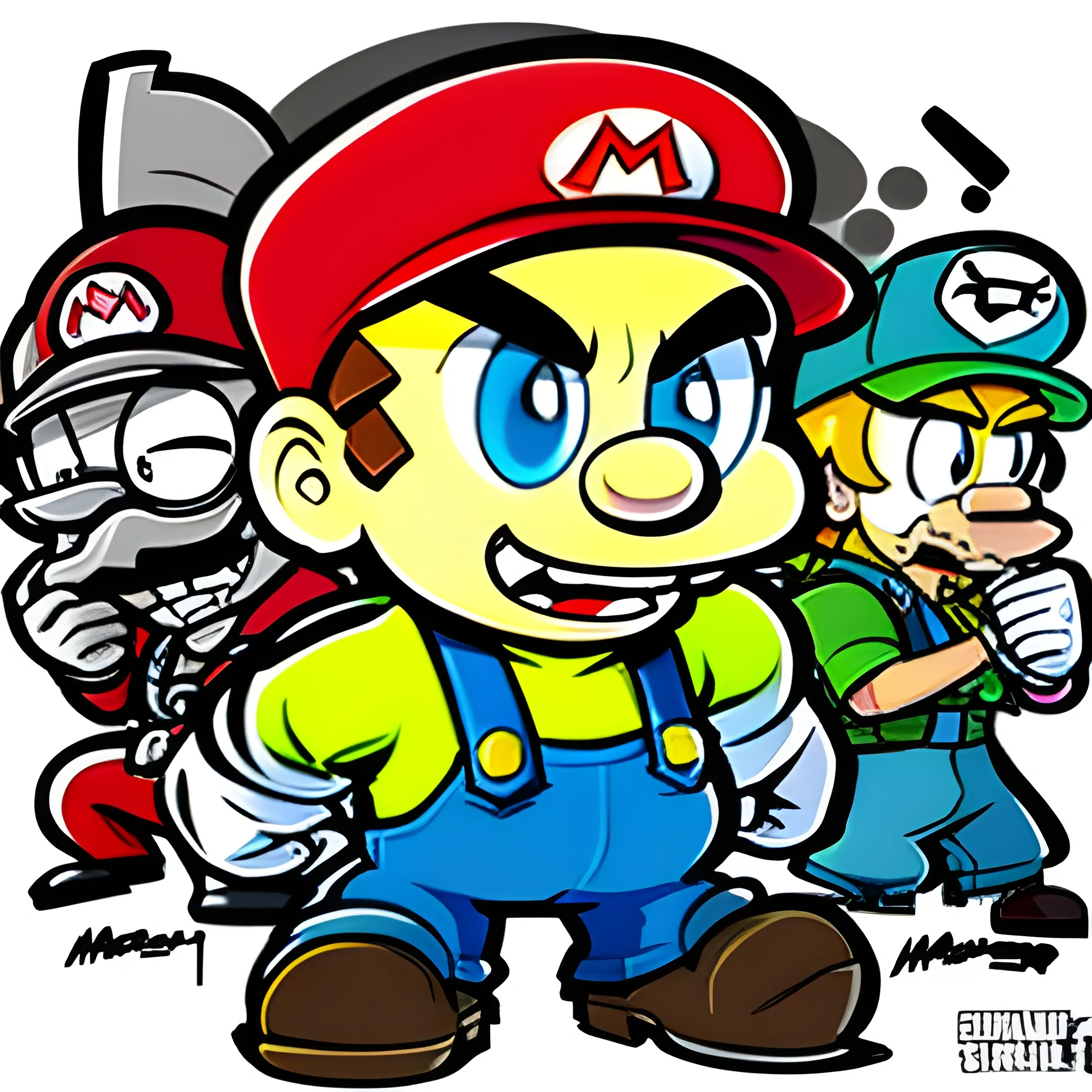 , Cartoon create me an image of graffiti gaming style drawings with characters from the games: brawl stars, COD Mobile, GTA V, I also want them to have some animated characters like mario bros, bart simpsom, Cartoon, Pencil Sketch, Pencil Sketch