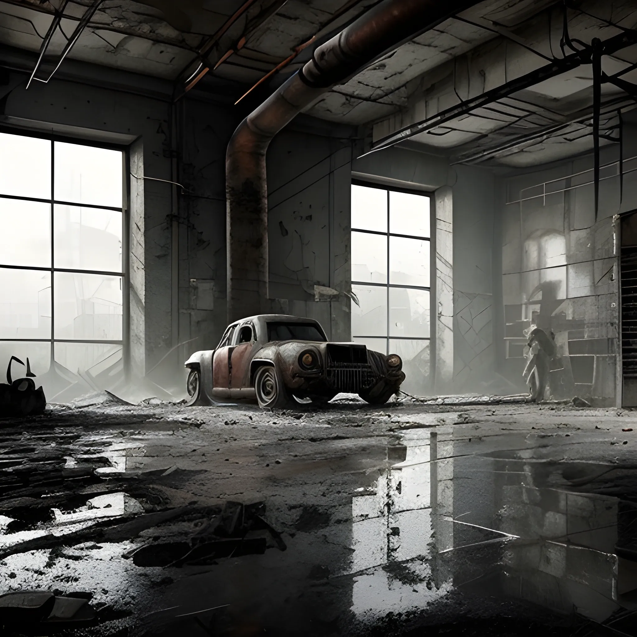 Create a realistic conceptual painting depicting a fierce battle between Batman vs Deathpool. The scene is set in an abandoned factory, with broken machinery and rusted pipes. Smoke billows from the boilers, adding to the eerie atmosphere. The lighting is mysterious and cinematic, with flashes of lightning illuminating the combatants as rain pours down, creating dramatic reflections on the wet, concrete floor. The perspective is from a dynamic, low-angle shot, capturing the intensity and scale of the confrontation. The camera tilt emphasizes the power and motion of the characters as they clash. The factory environment, with its gritty industrial details, serves as a dramatic, chaotic backdrop, while the overall mood is dark, intense, and infused with a sense of epic cinematic storytelling."
, Cartoon