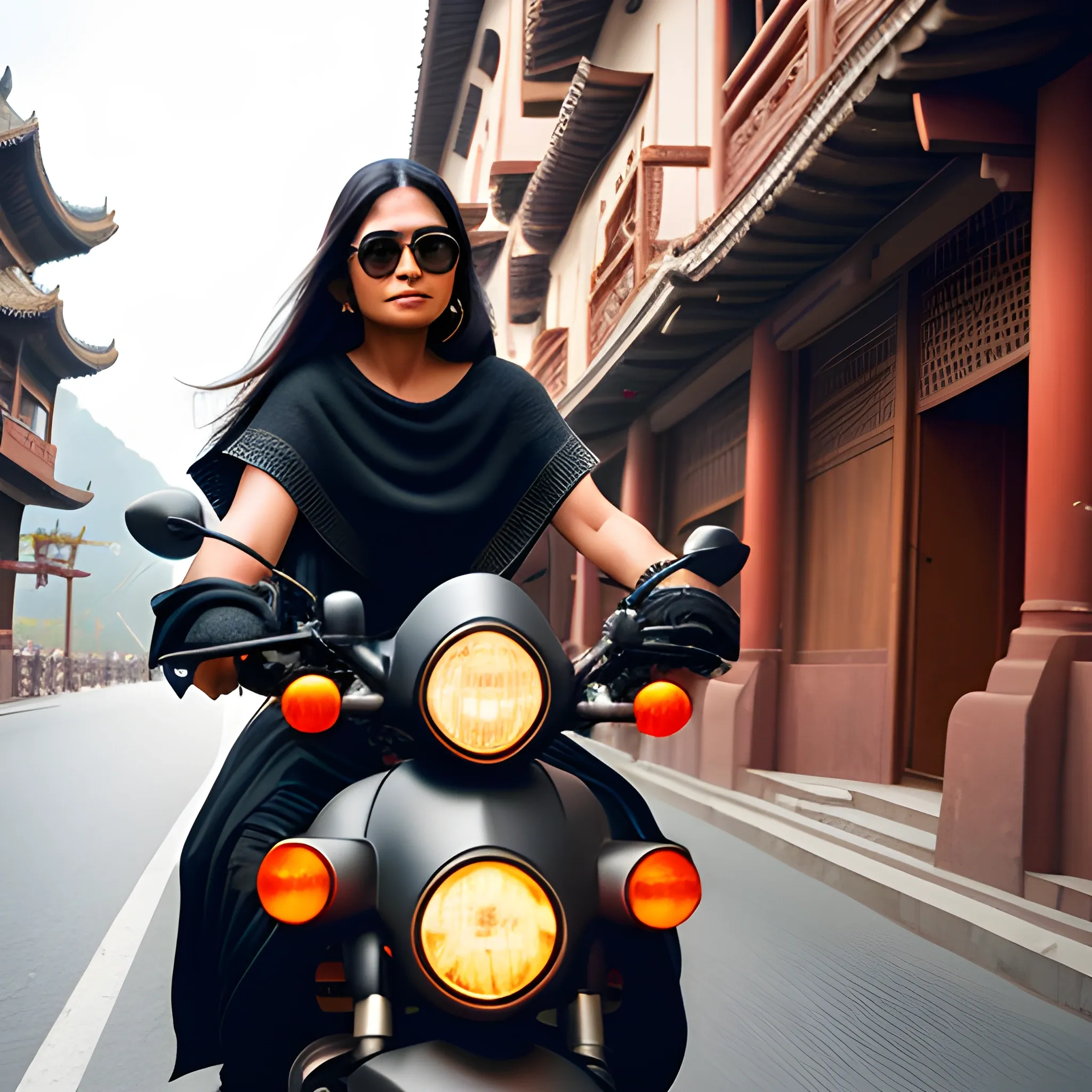  Indian woman with very long dark brown hair and wearing round sunglasses, a black Argentinian poncho; he is riding a black motorcycle exploring China street, Sony a7R IV camera, Meike 80mm F1.8 lens 