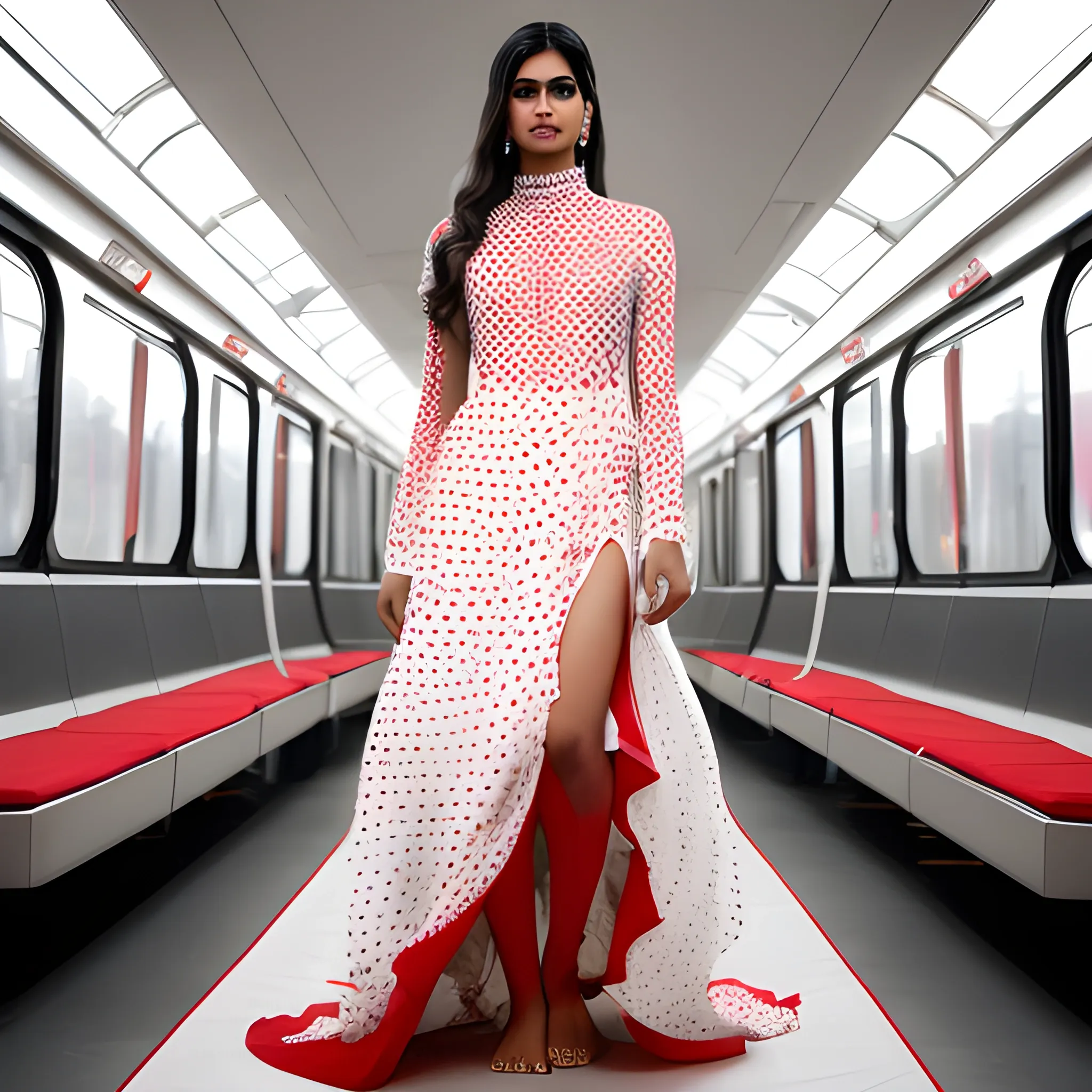 The image is a full-length portrait of a Indian woman in a flowing white red dotted dress. The dress features a high neck and long sleeves, with a large cutout on the back, and the fabric cascades down into a dramatic, floor-length train. The garment is crafted with waves and layers of fabric, creating a sense of movement and depth. , Sony a7R IV camera, Meike 80mm F1.8 lens 