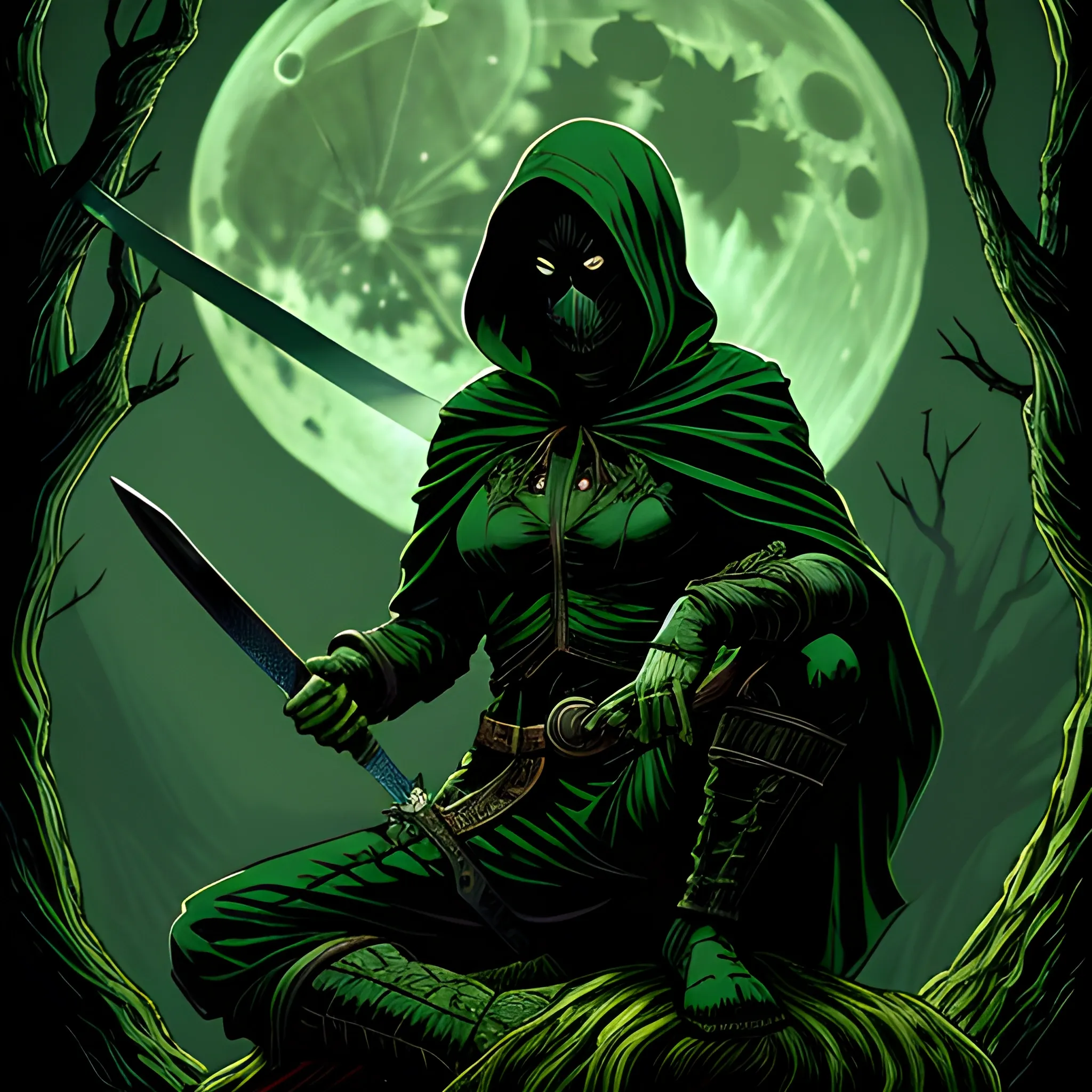 A hooded female figure sits on the edge of an old tree, holding a sword in one hand, under a full moon, fantasy art, dark green color scheme, in the style of Simon Bisley.