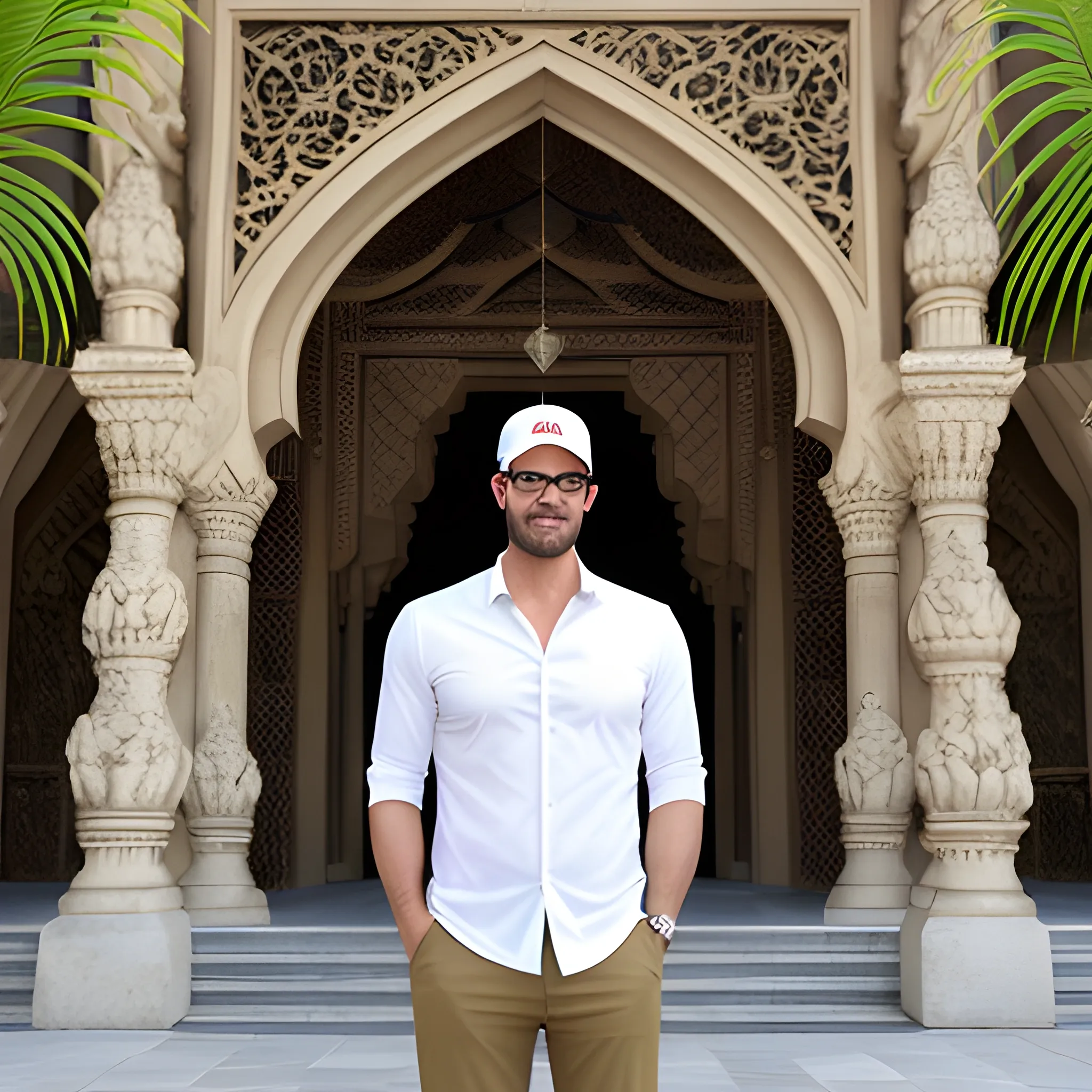 This photo shows a young man wearing a cap and glasses. He has a fair complexion and an average face shape. He's dressed in a white shirt with tropical plants and small patterns. The man is taking a selfie in front of a historical or religious architectural structure, which features intricate decorations and geometric patterns on the walls. In the background, other people are visible, and the overall atmosphere seems calm and relaxed. The man's expression is composed and laid-back.