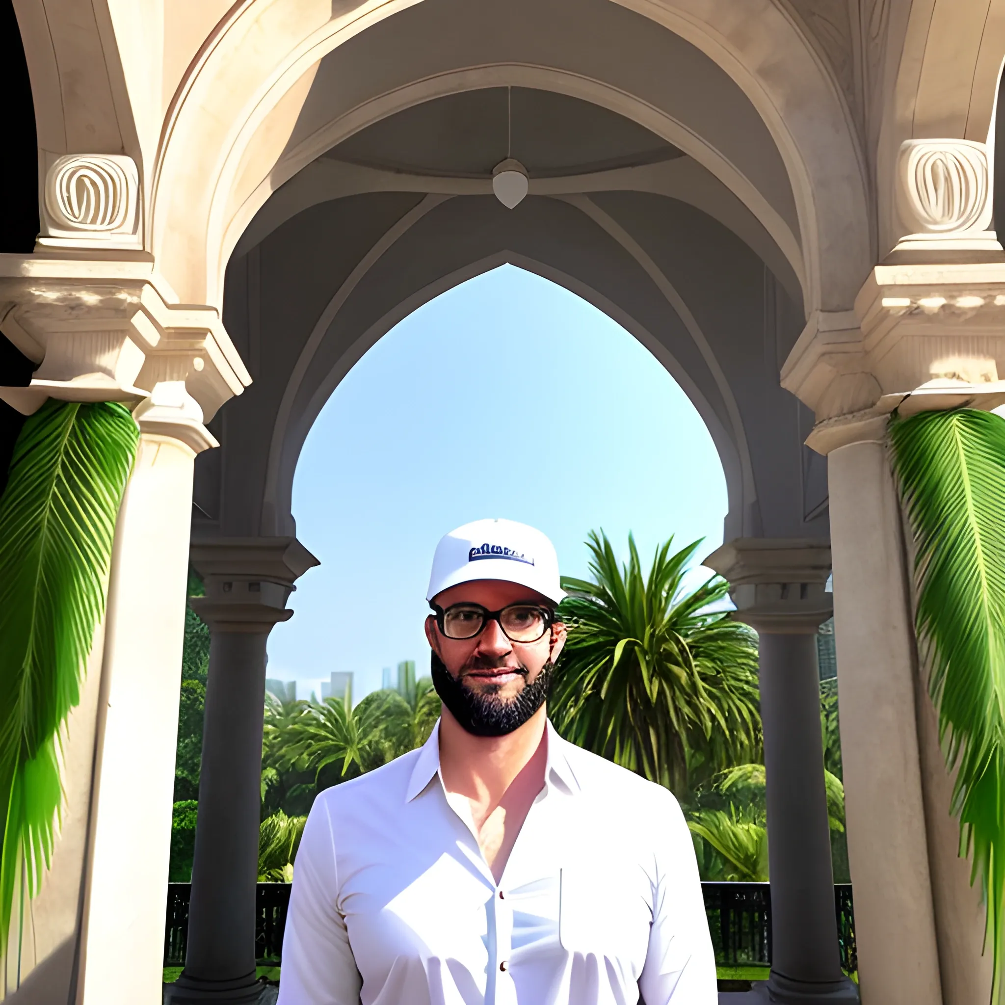 This photo shows a young man wearing a cap and glasses. He has a fair complexion and an average face shape. He's dressed in a white shirt with tropical plants and small patterns. The man is taking a selfie in front of a historical or religious architectural structure, which features intricate decorations and geometric patterns on the walls. In the background, other people are visible, and the overall atmosphere seems calm and relaxed. The man's expression is composed and laid-back., 3D