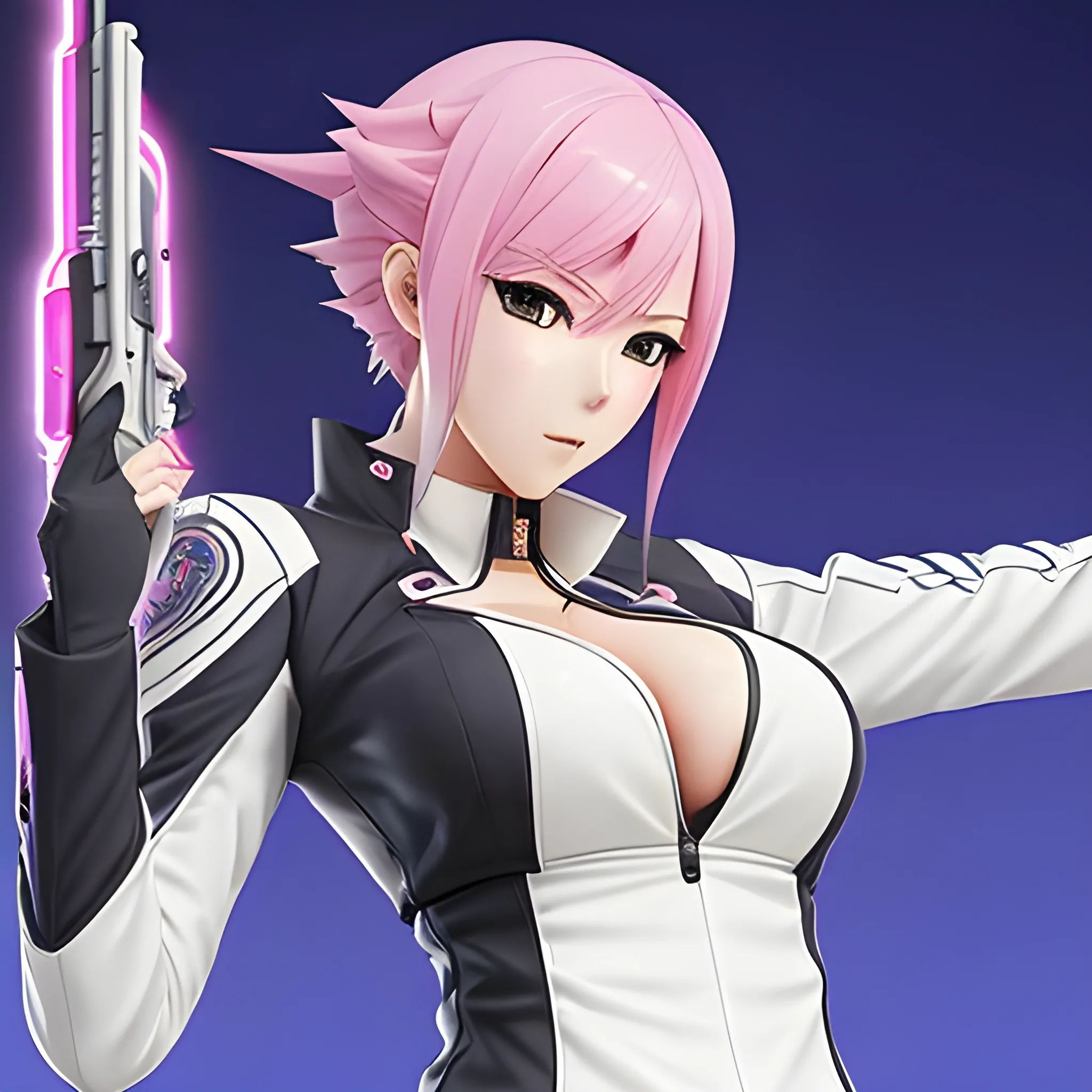 an image of Tendoji Sarah from Gunslinger Stratos 2 Gamplay. Wears the same style of outfit, and has a ahegao expression. The background should be a dark, moody setting, reminiscent of the game’s atmosphere. Cleavage. Beautiful. -1 Offset. Realistic