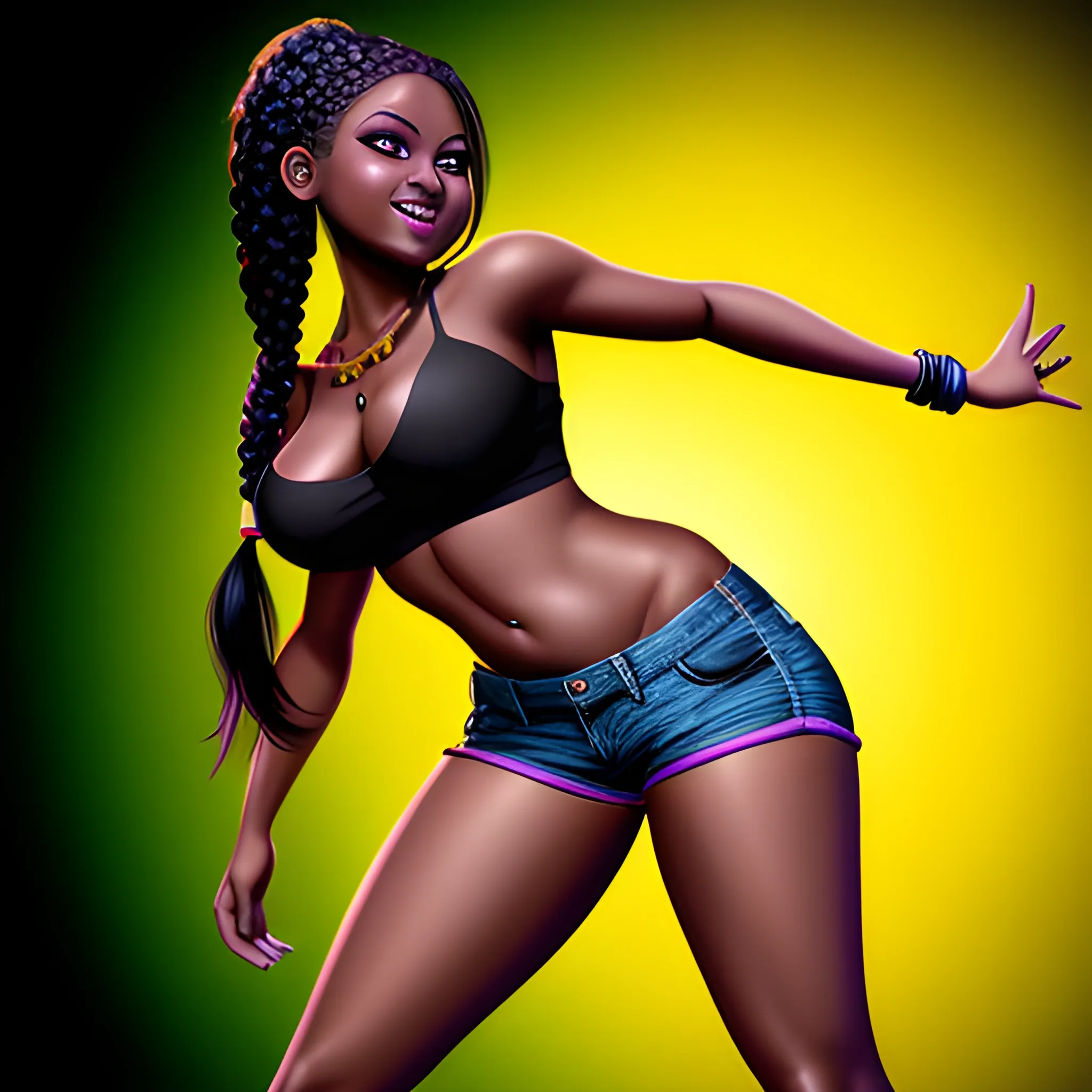 full body,hd bright colors sexy, naughty smiling, sophisticated,sleek design,ultra-detailed, low rise jeans shorts,dark skin,dramatic lighting, realistic Cartoon, thick, black woman, long braided hair , dancing. background