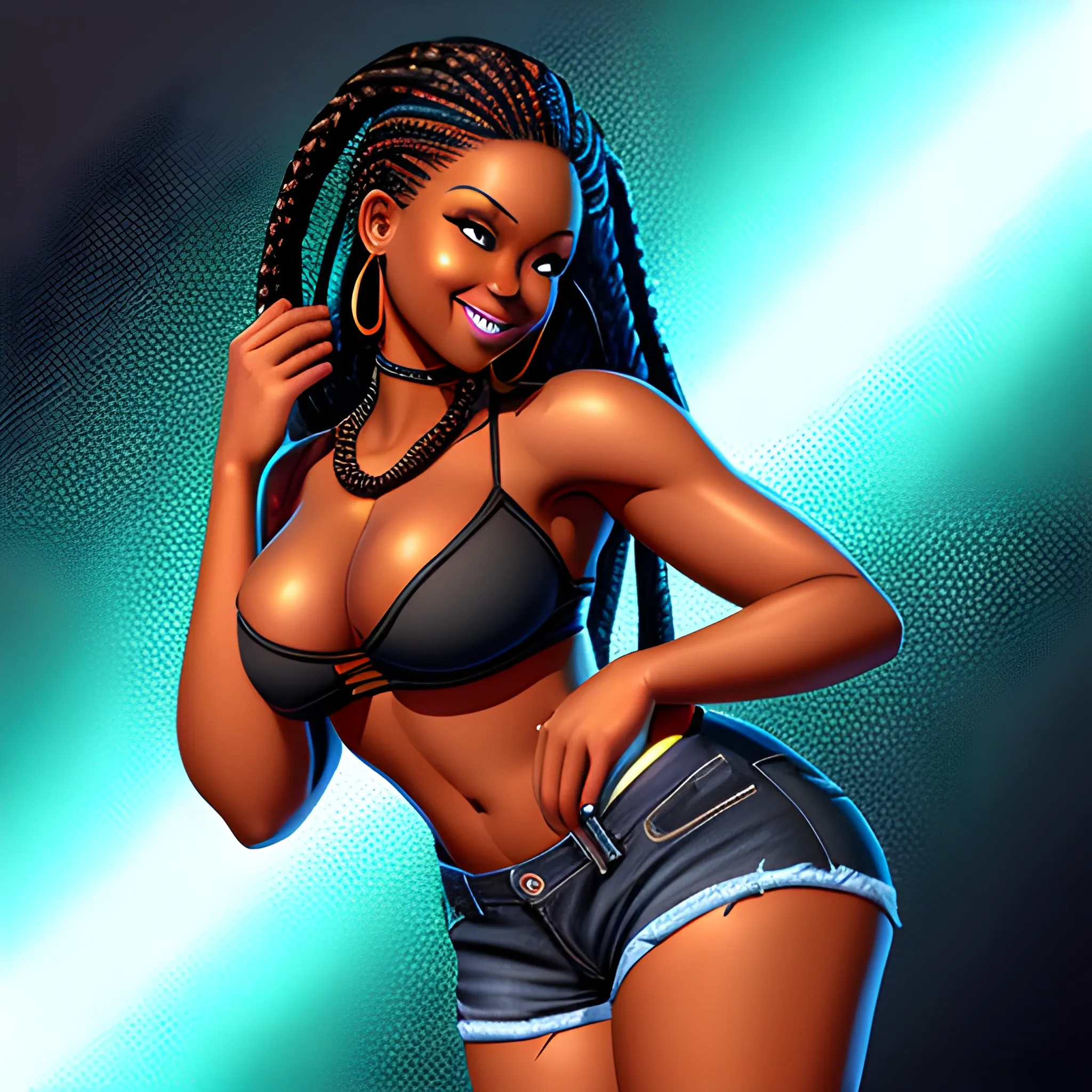 full body,hd bright colors sexy, naughty smiling, sophisticated,sleek design,ultra-detailed, low rise jeans shorts,dark skin,dramatic lighting, realistic Cartoon, thick, black woman, long braided hair , dancing. background