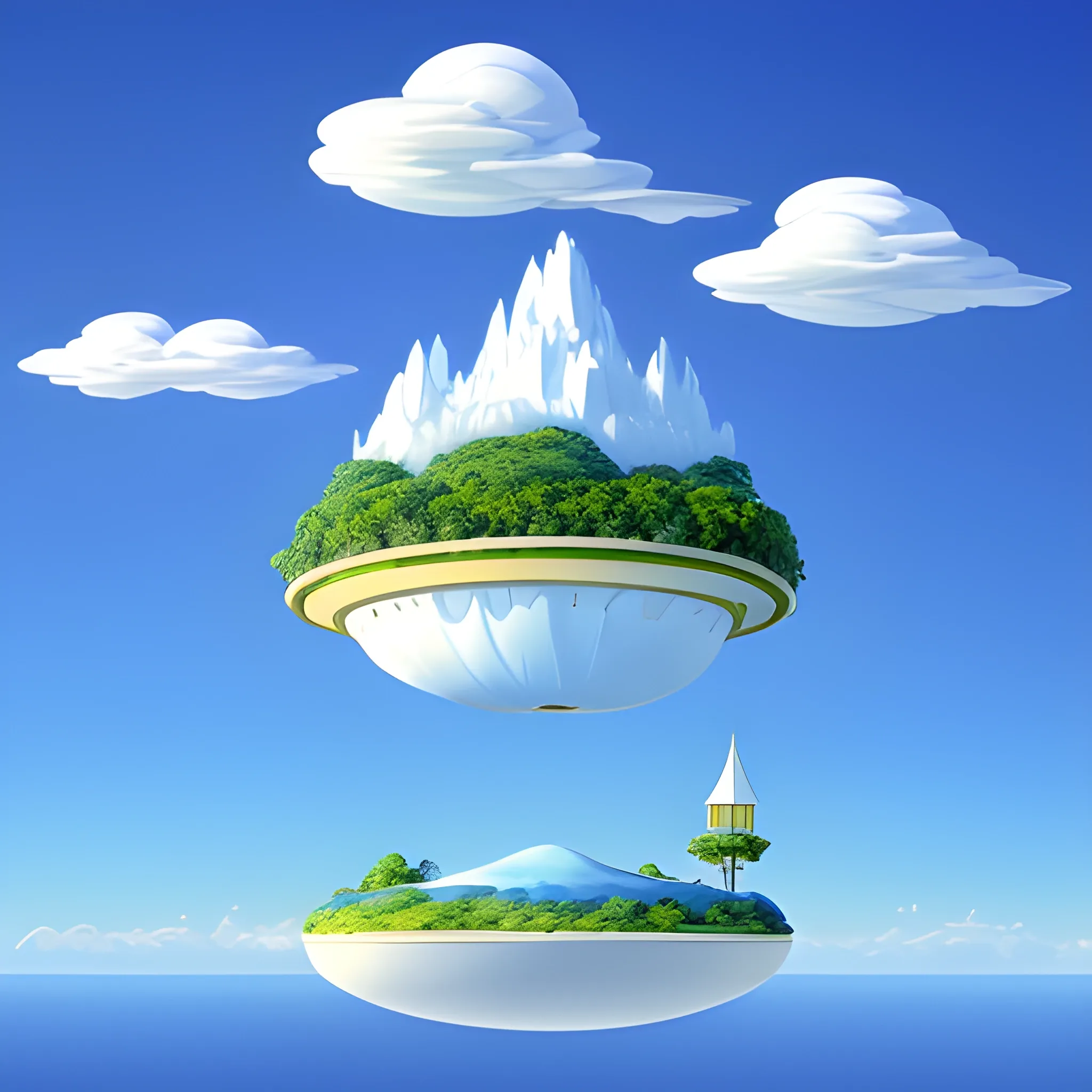 a beautiful floating island with blue clouds 
