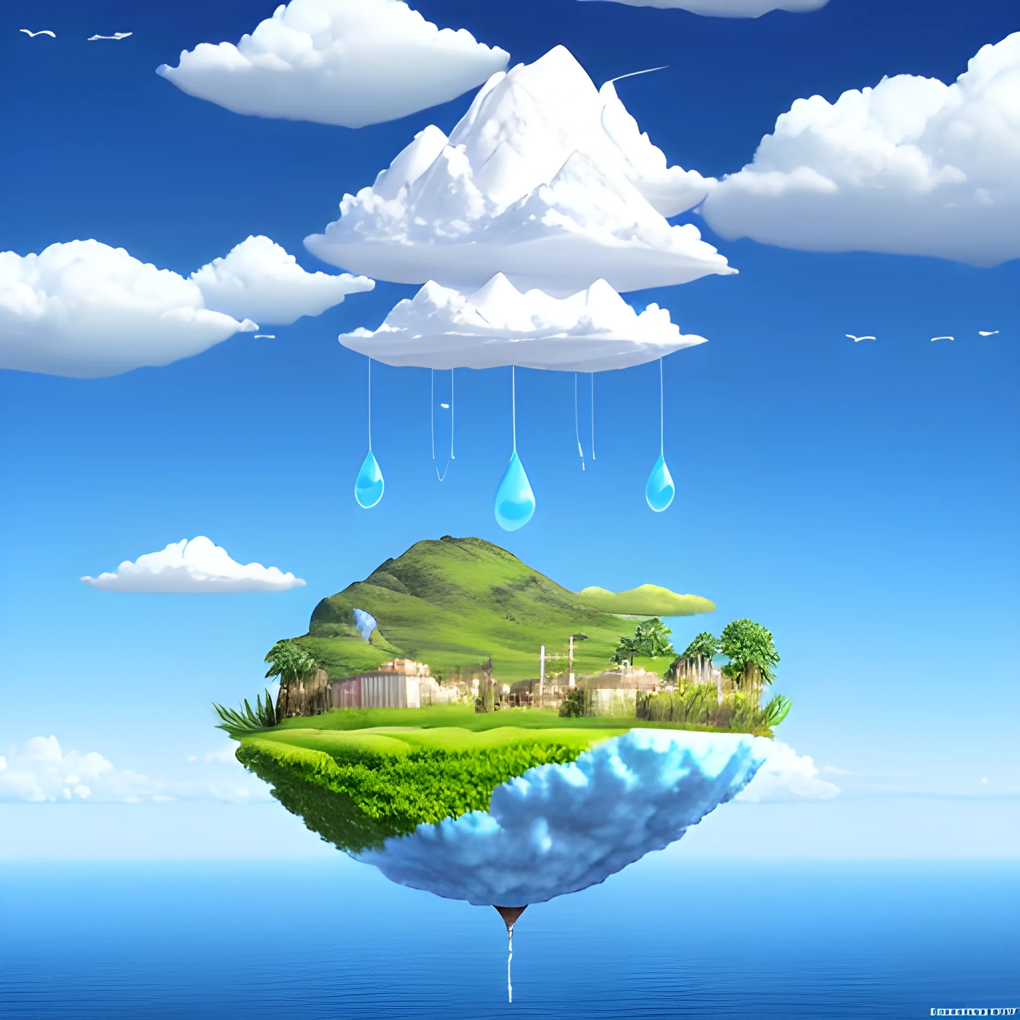 a beautiful floating island with blue clouds 
realistic 