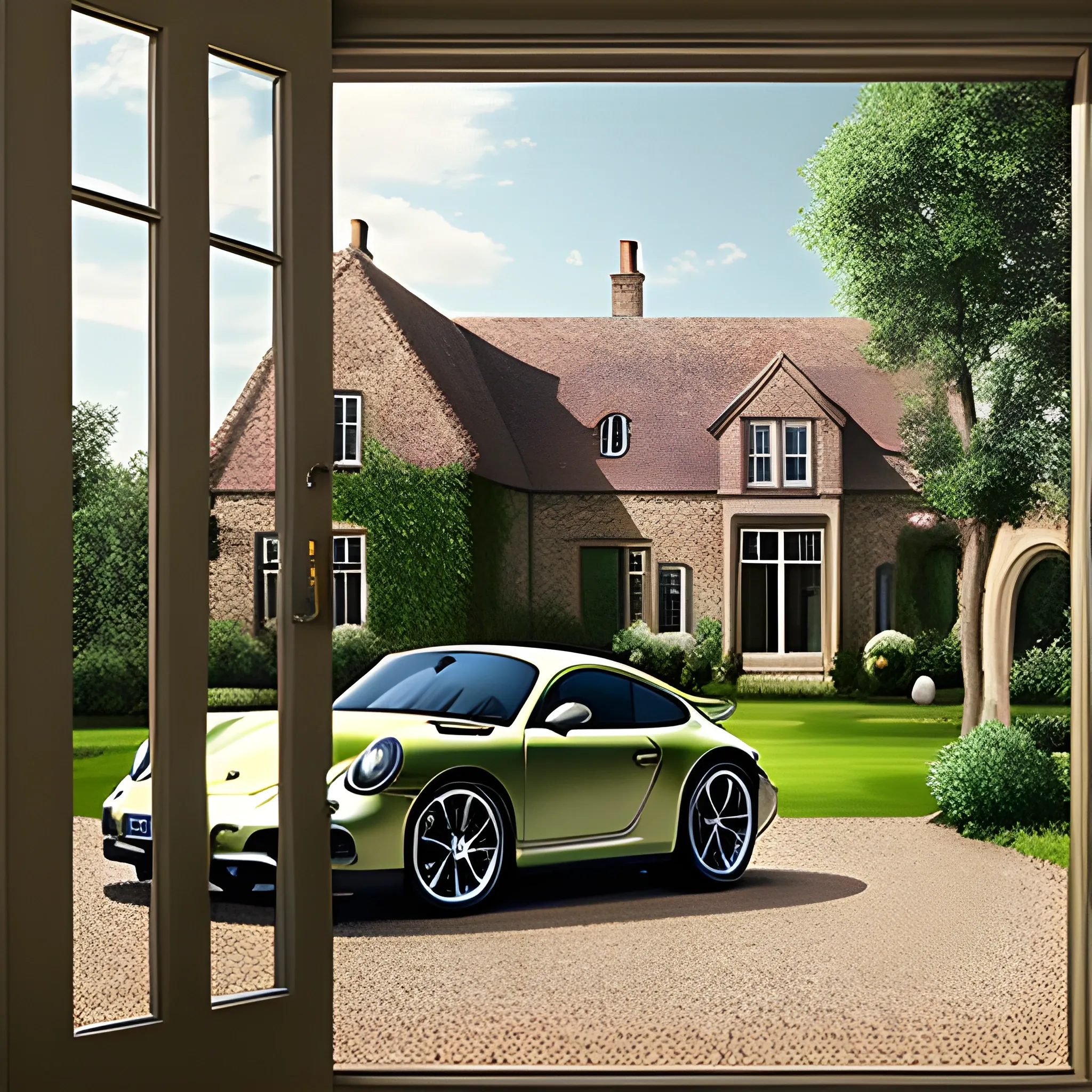 an oasis with a country house and a Porsche in front of the door, Trippy, realistic