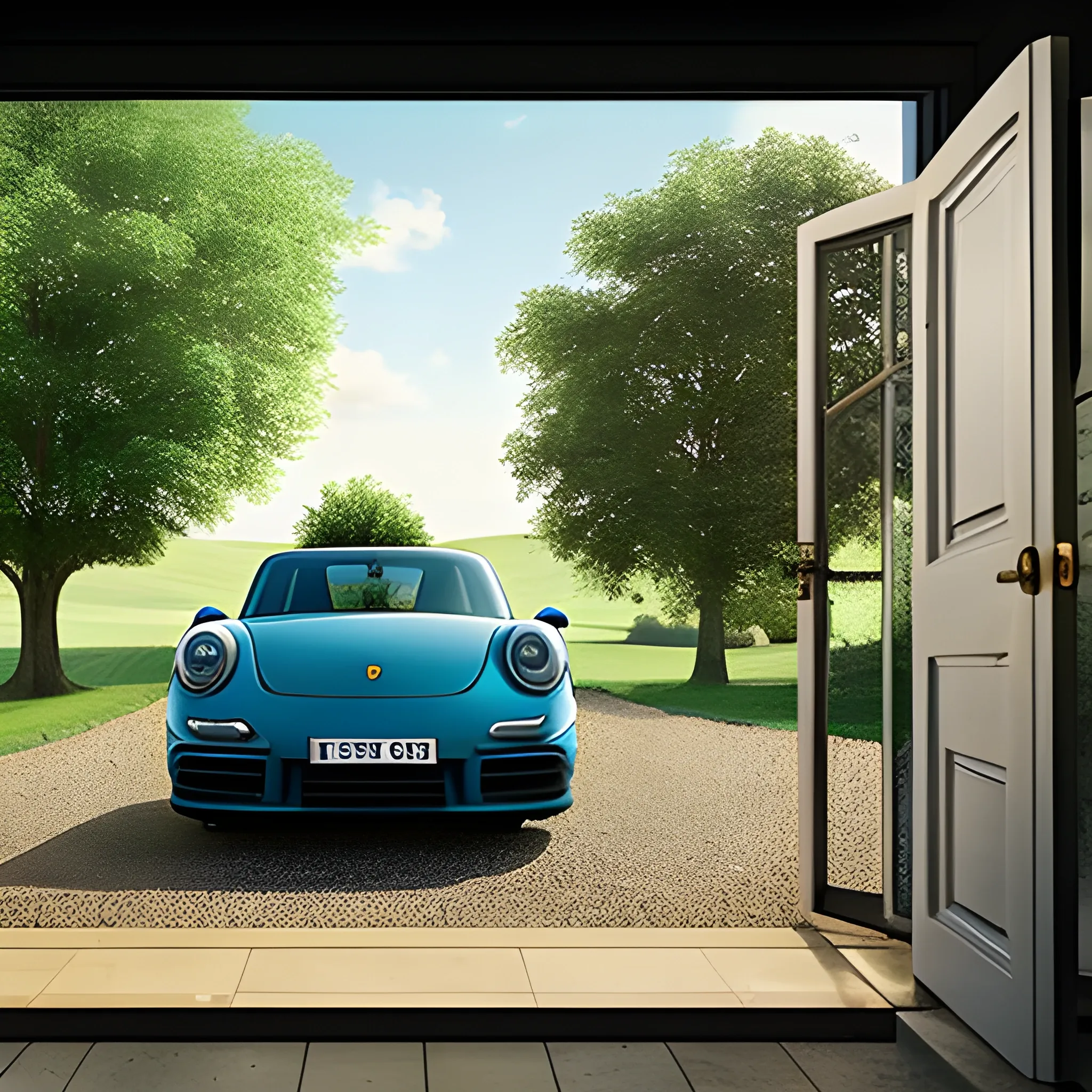 an oasis with a country house and a Porsche in front of the door, Trippy, realistic