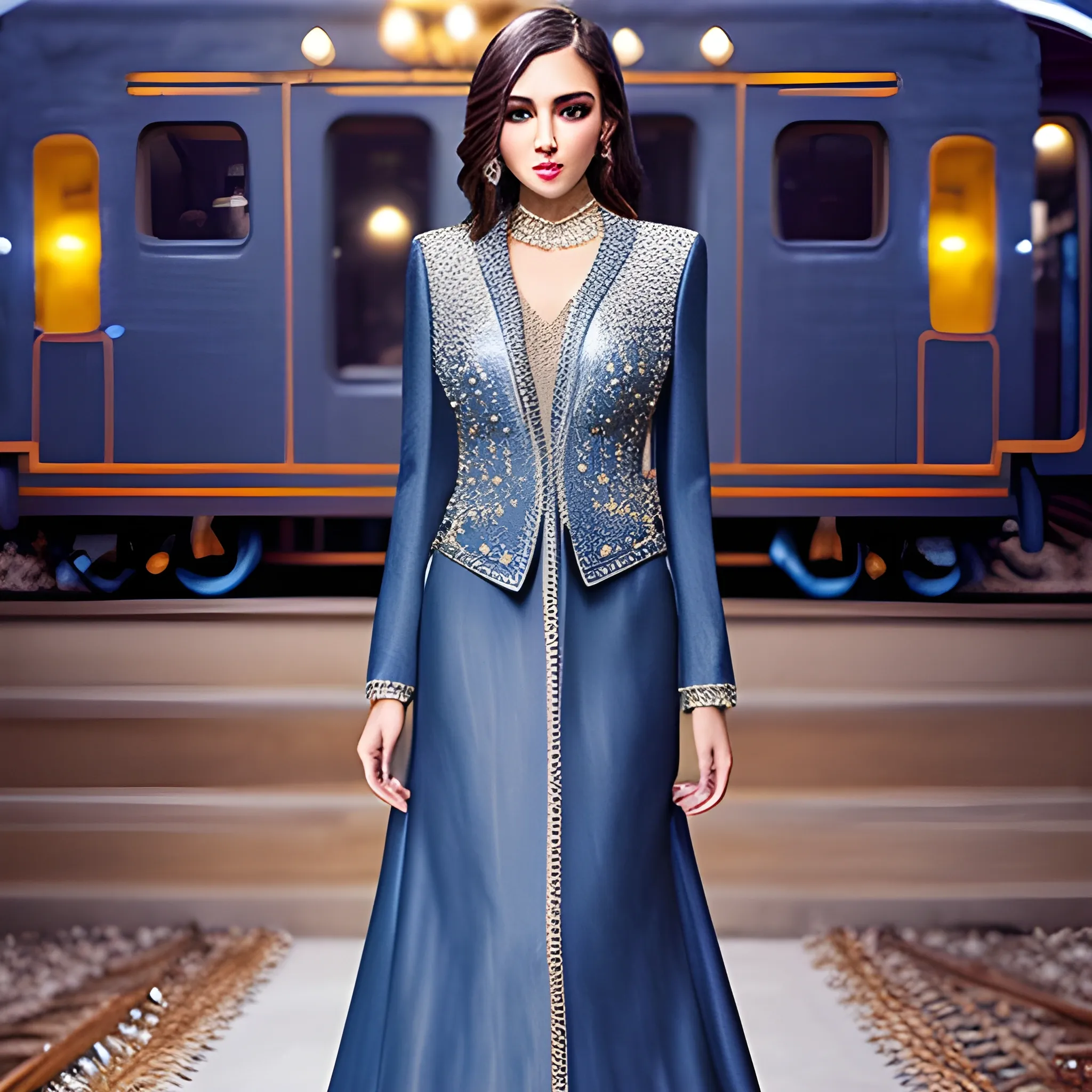 embellished denim formal suit coat with train floor length runway glam rhinestones